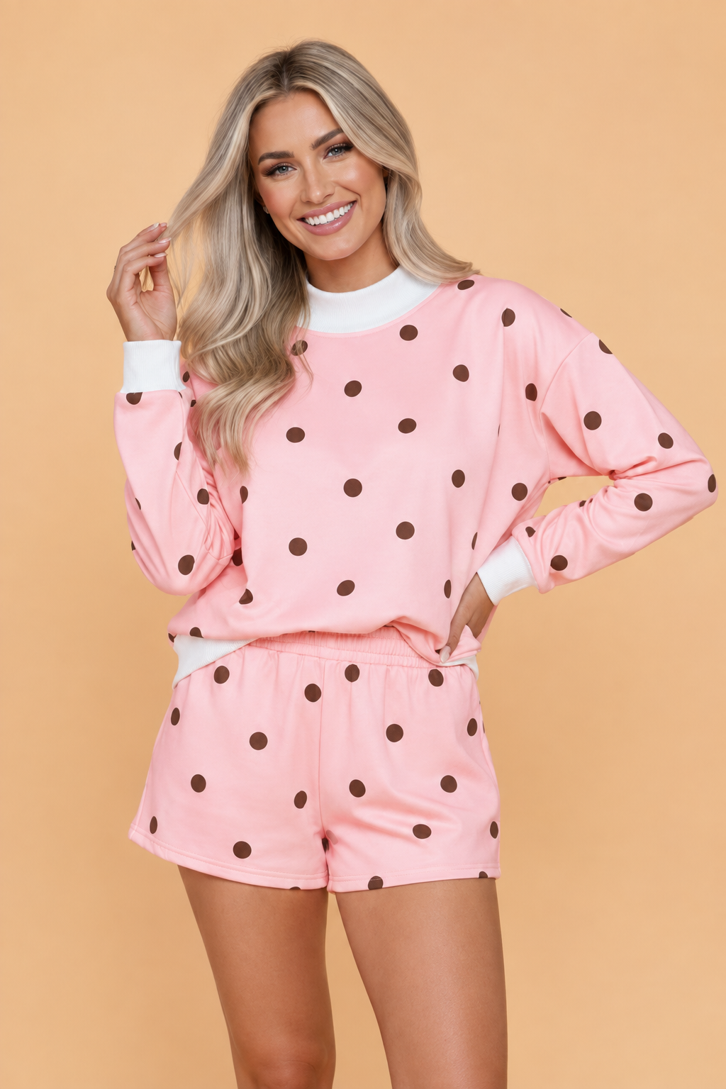 Polka Dot Ribbed Trim Long Sleeve Top & Shorts Set