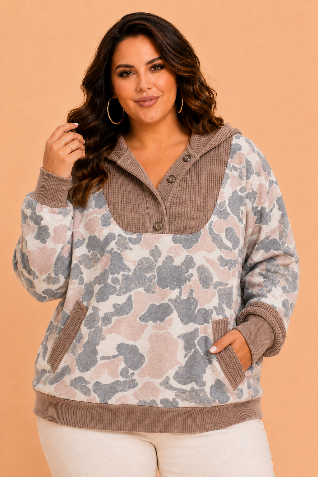 Plus Size Camo Waffle Knit Patchwork Half Zip Hoodie