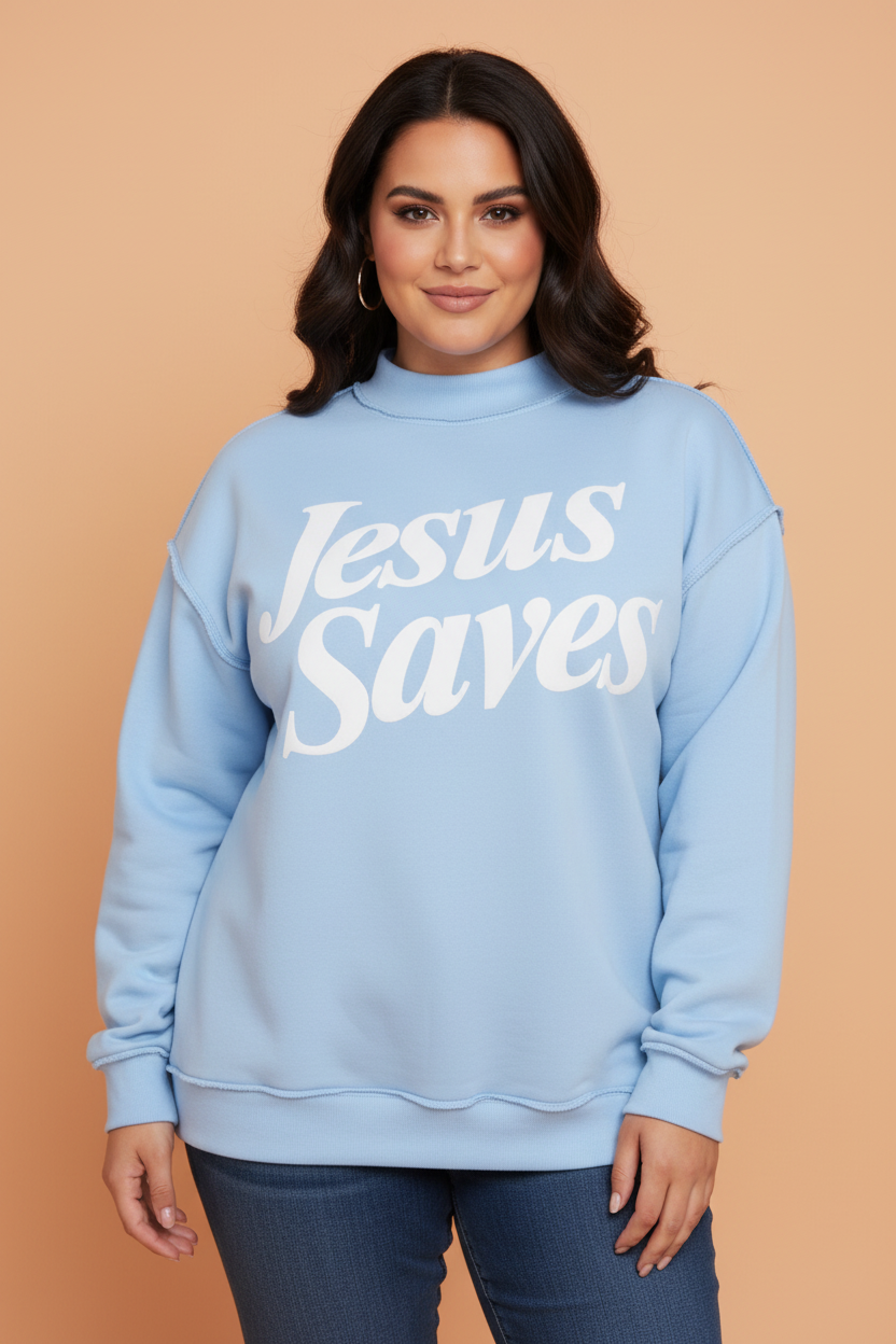 Plus Size Jesus Saves Letter Print Mock Neck Sweatshirt