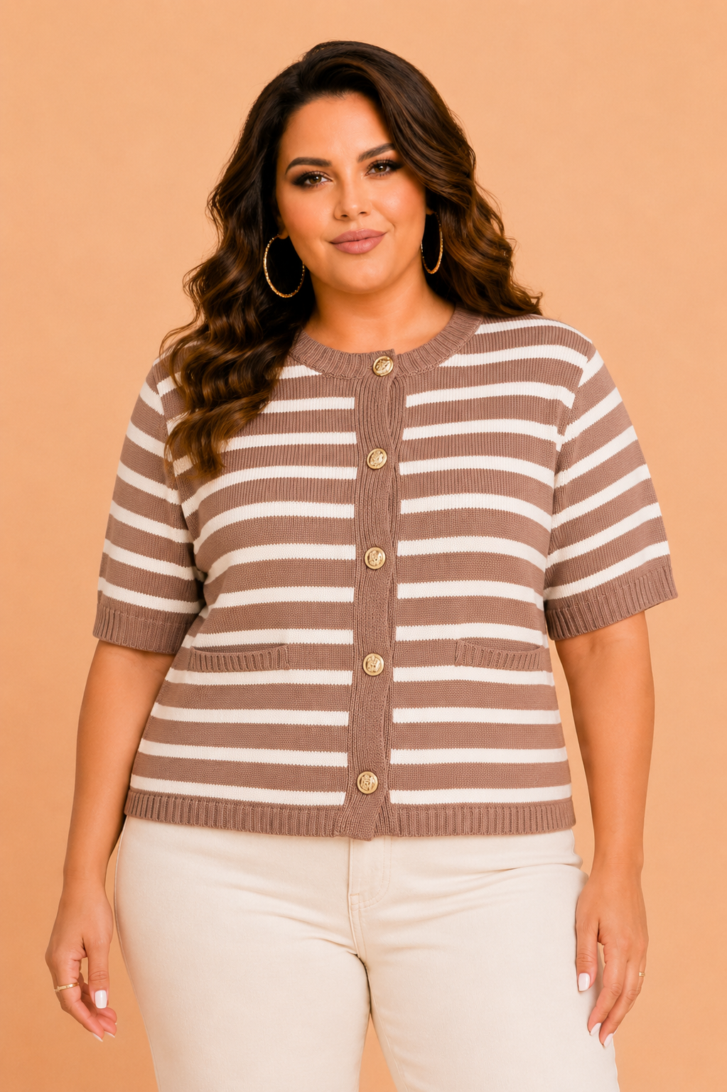 Plus Size Stripe Short Sleeve Button Front Cardigan