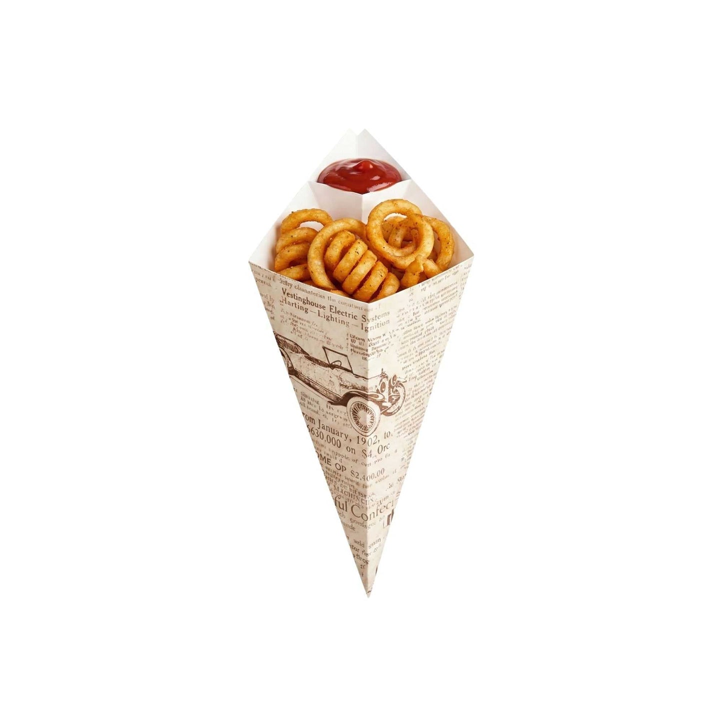 Cone Tek Newsprint Paper Food Cone - with Dipping Pocket - 11" x 6 1/2" - 100 count box
