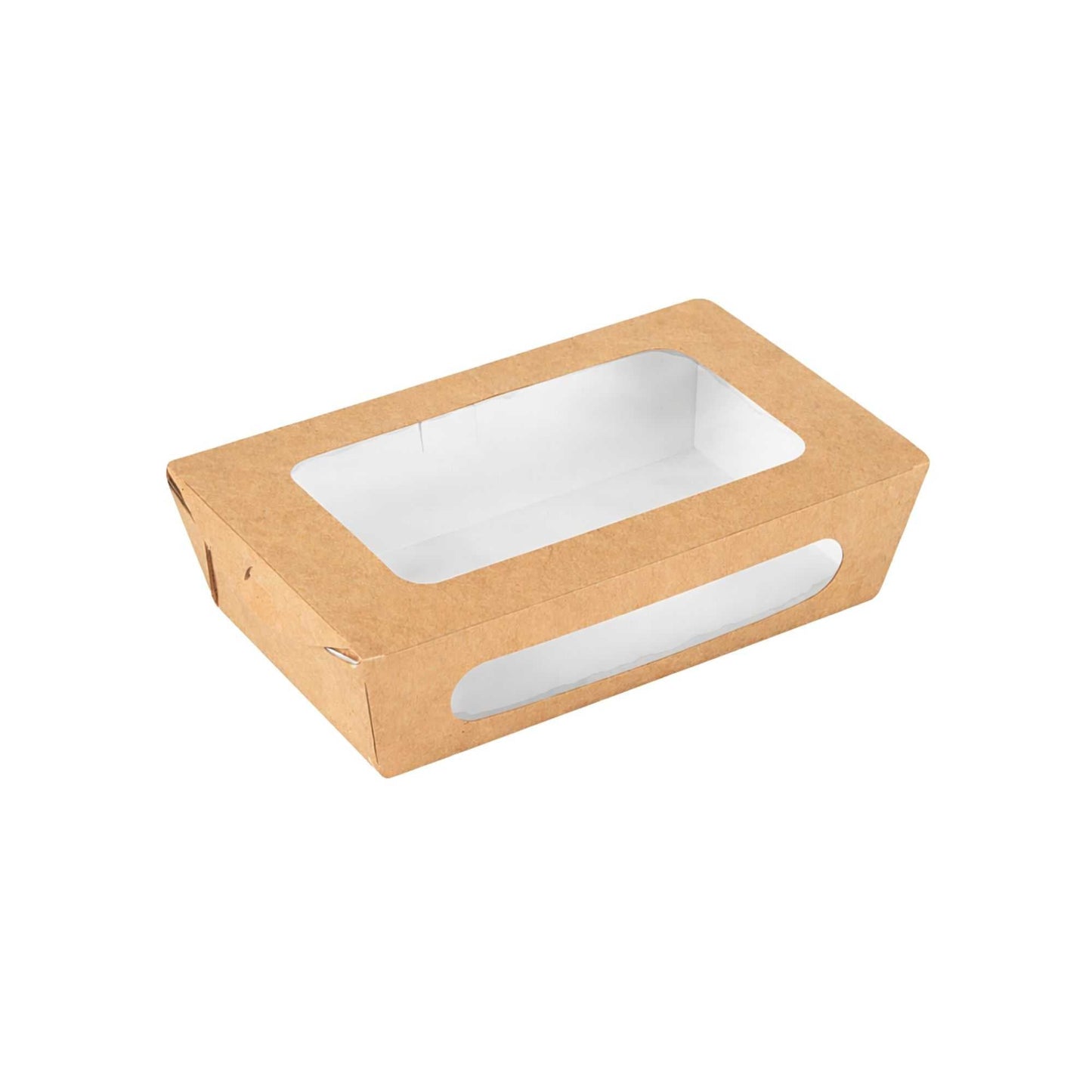 Cafe Vision 35 oz Rectangle Kraft Paper Medium Bio Take Out Container - Two Windows - 8" x 4 3/4" x 2" - 200 count box