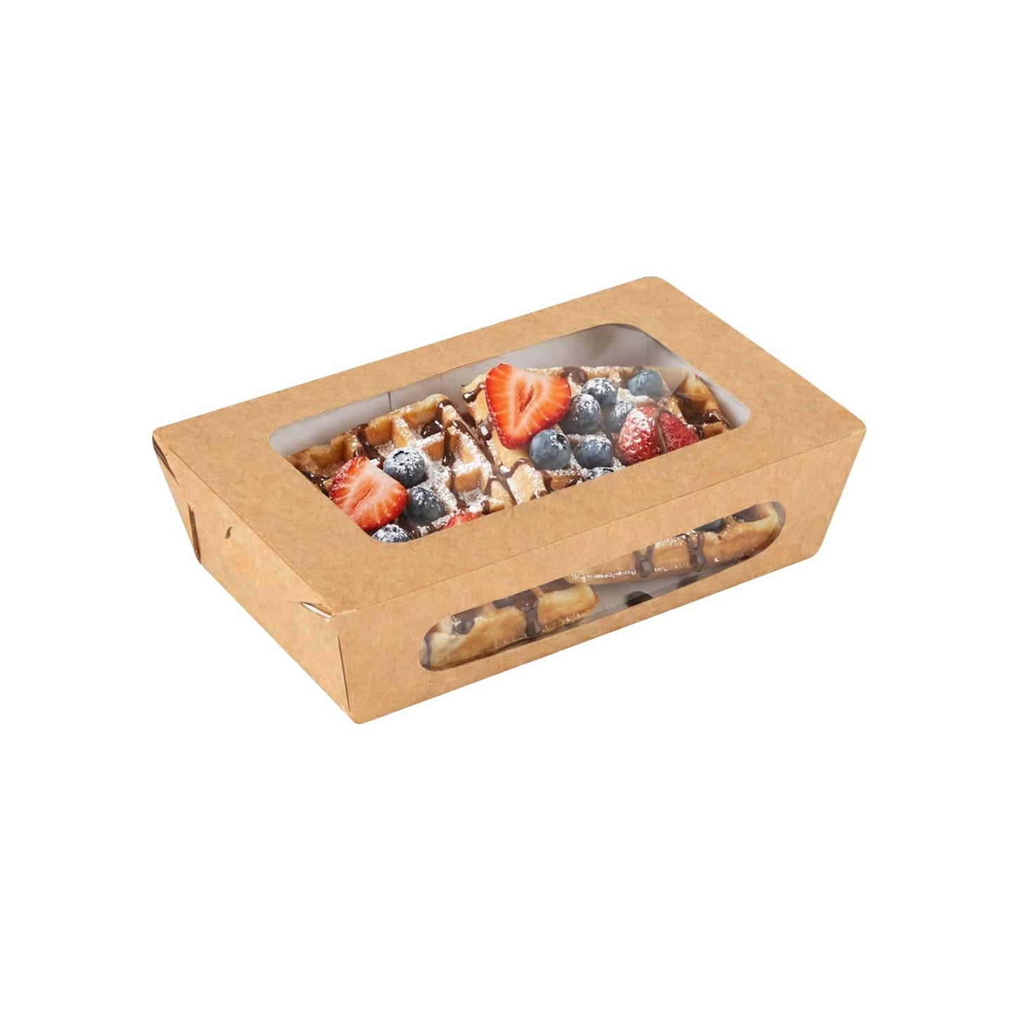 Cafe Vision 35 oz Rectangle Kraft Paper Medium Bio Take Out Container - Two Windows - 8" x 4 3/4" x 2" - 200 count box