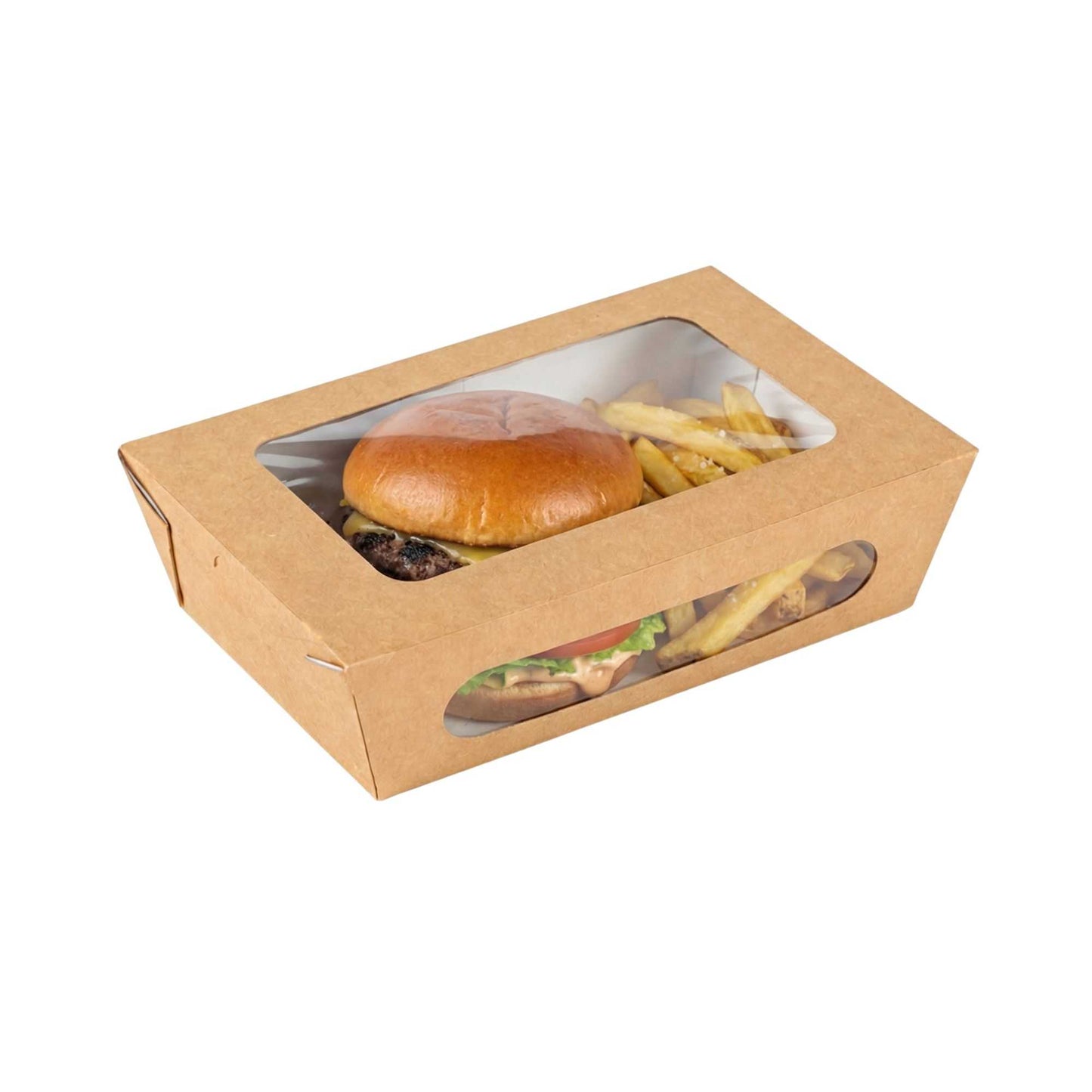Cafe Vision 57 oz Rectangle Kraft Paper Extra Large Bio Take Out Container - Two Windows - 8" x 5 1/2" x 2 1/2" - 200 count box