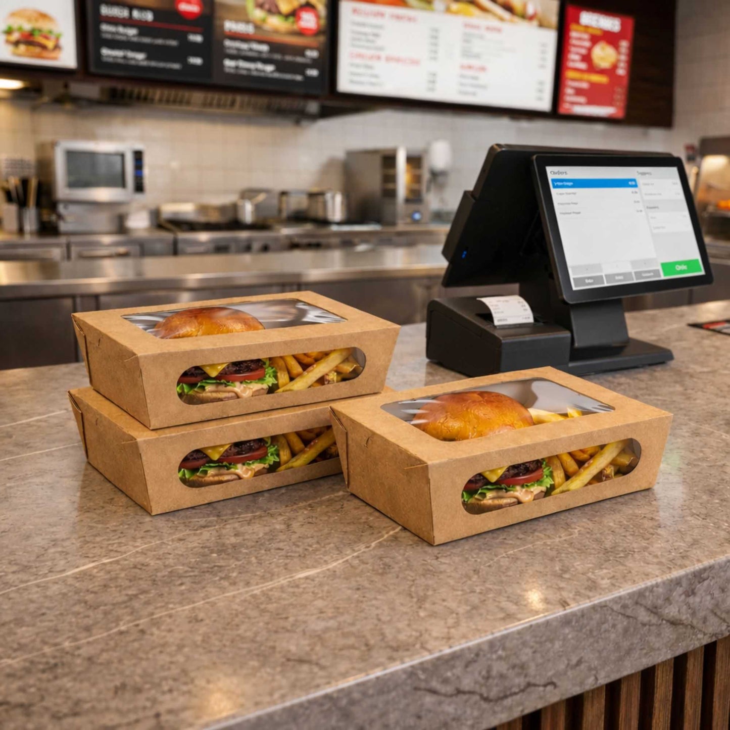 Cafe Vision 57 oz Rectangle Kraft Paper Extra Large Bio Take Out Container - Two Windows - 8" x 5 1/2" x 2 1/2" - 200 count box