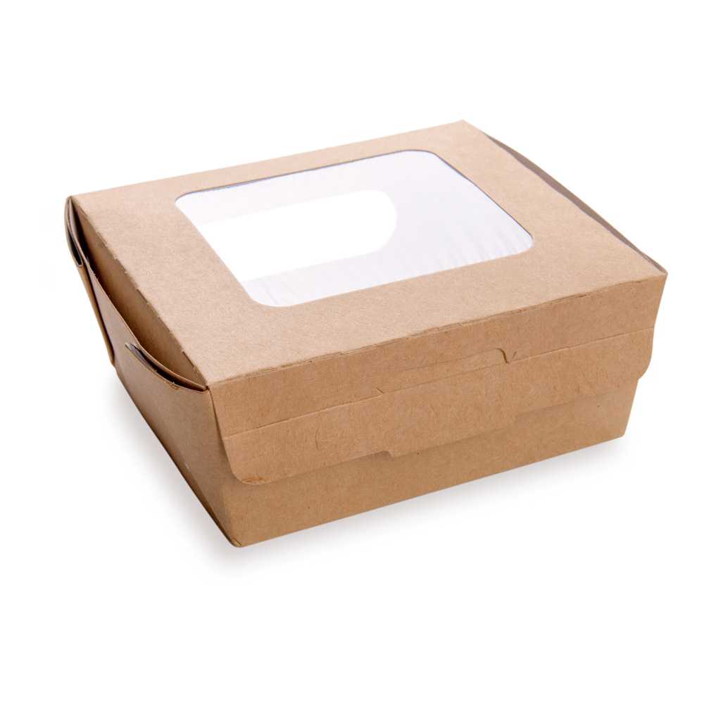 Cafe Vision 41 oz Rectangle Kraft Paper Large Bio Take Out Container - Two Windows - 5 1/4" x 6" x 2 1/2" - 200 count box