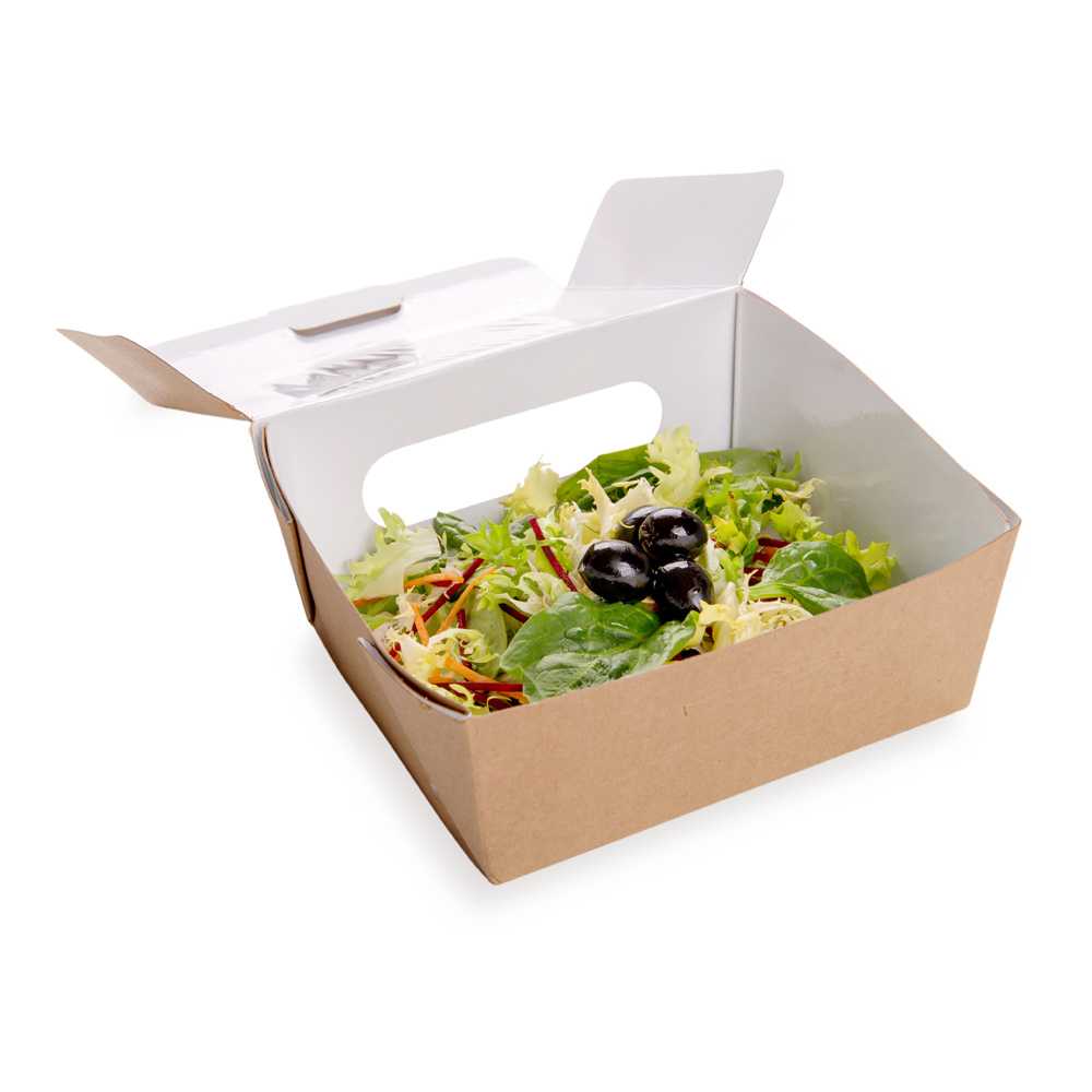 Cafe Vision 41 oz Rectangle Kraft Paper Large Bio Take Out Container - Two Windows - 5 1/4" x 6" x 2 1/2" - 200 count box