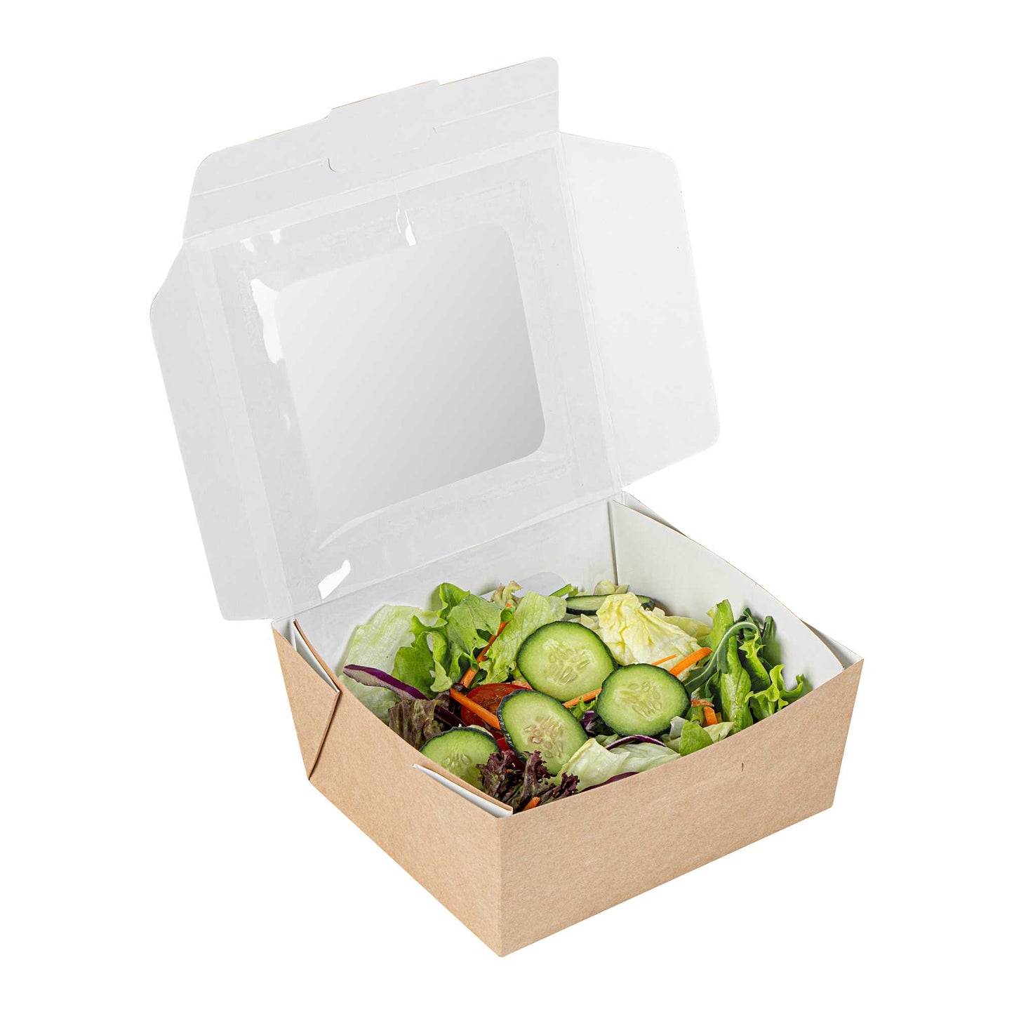 Cafe Vision 41 oz Rectangle Kraft Paper Large Bio Take Out Container - Two Windows - 5 1/4" x 6" x 2 1/2" - 200 count box