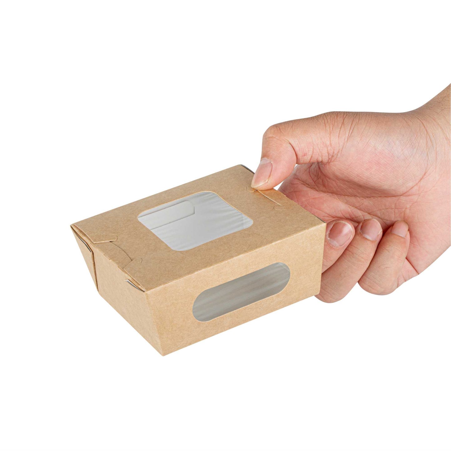 Cafe Vision 12 oz Rectangle Kraft Paper Mini Bio Take Out Container - Two Windows - 4 1/4" x 3 3/4" x 1 3/4" - 200 count box
