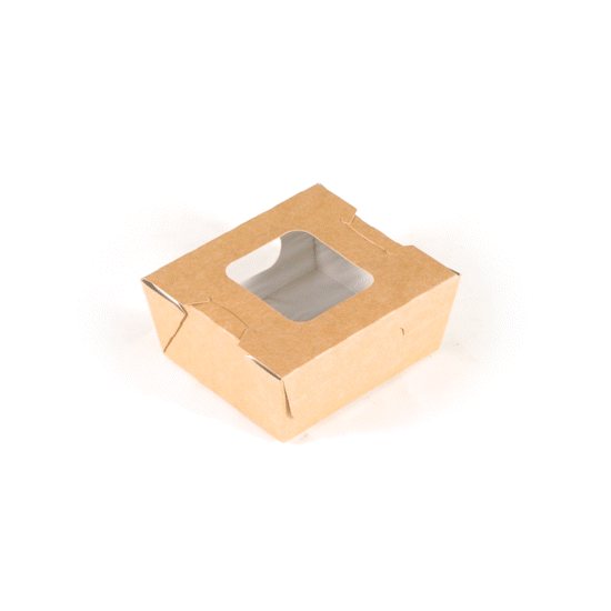 Cafe Vision 12 oz Rectangle Kraft Paper Mini Bio Take Out Container - Two Windows - 4 1/4" x 3 3/4" x 1 3/4" - 200 count box
