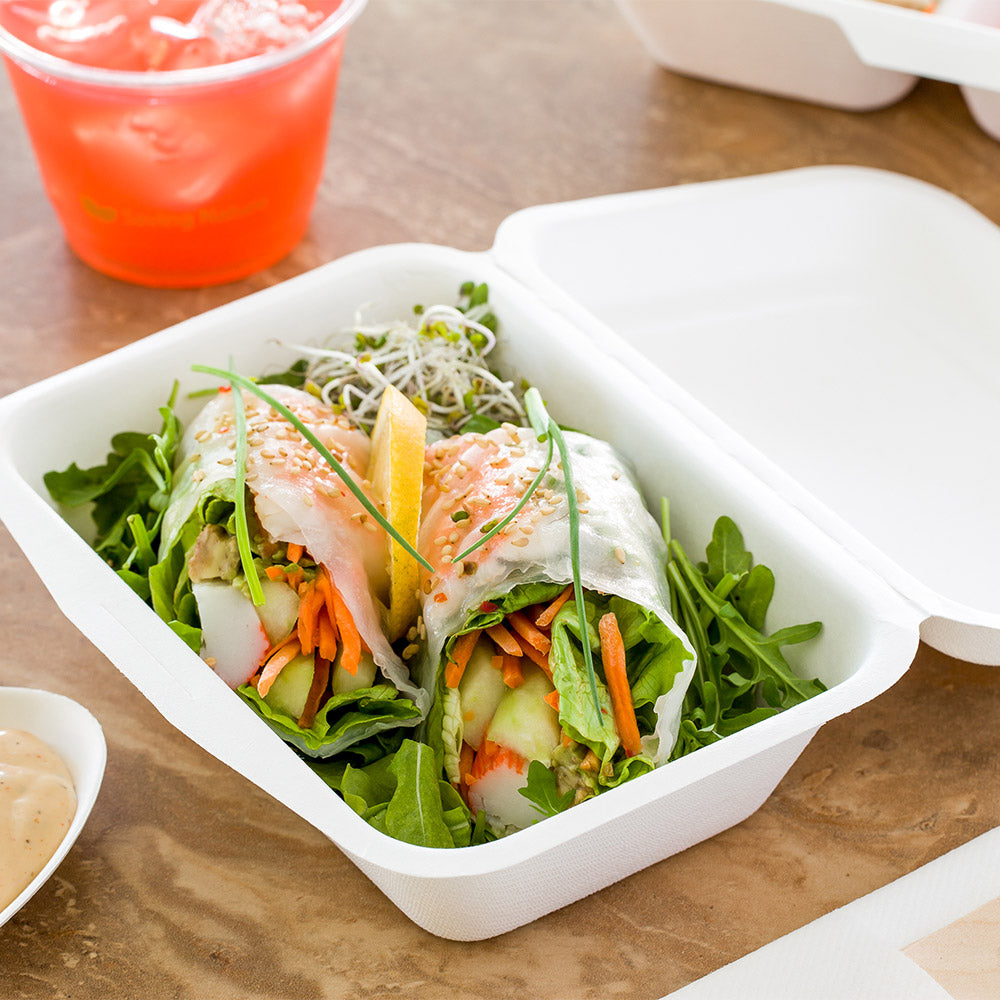 Pulp Tek 20 oz Rectangle White Sugarcane / Bagasse Clamshell Container - 7 1/4" x 5 1/2" x 2 1/2" - 100 count box