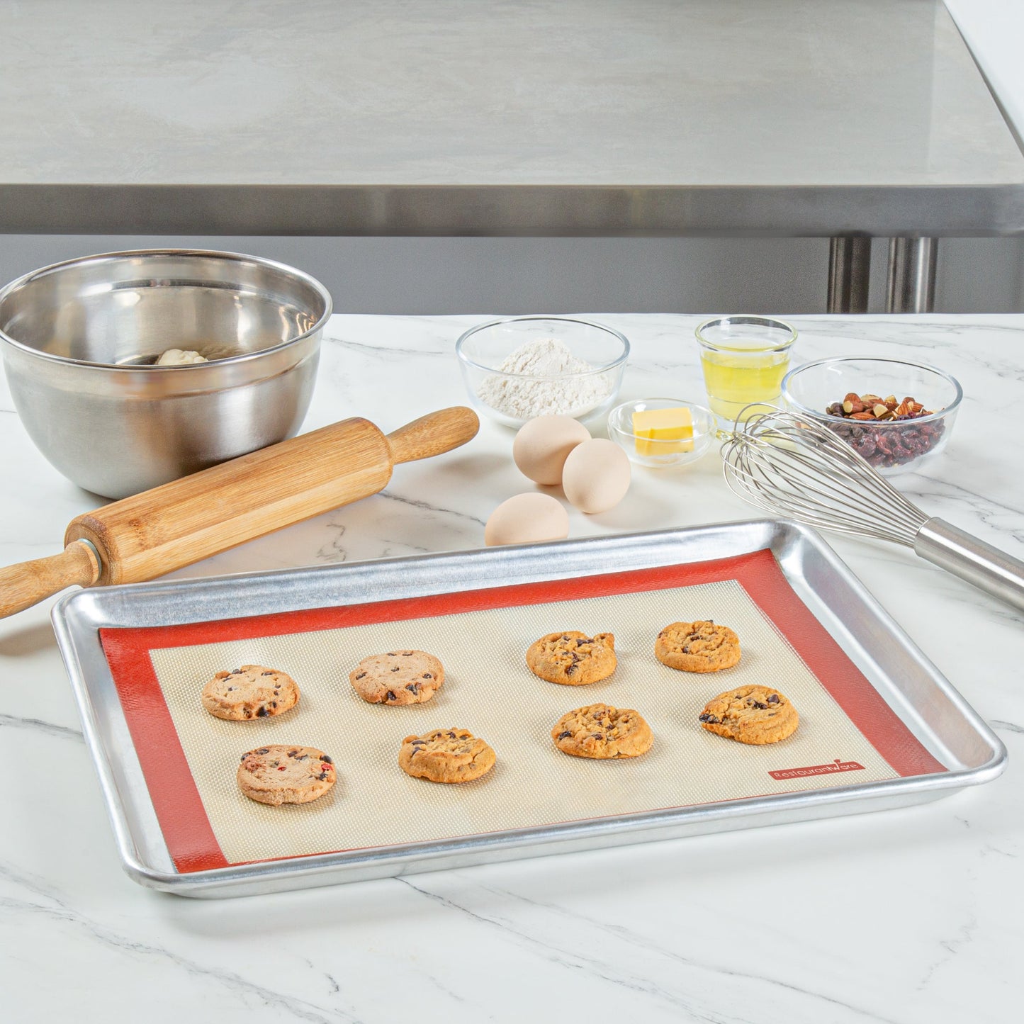 Pastry Tek Rectangle Tan and Red Silicone Half Size Baking Mat - Ultra Durable - 11 3/4" x 15 3/4" - 1 count box