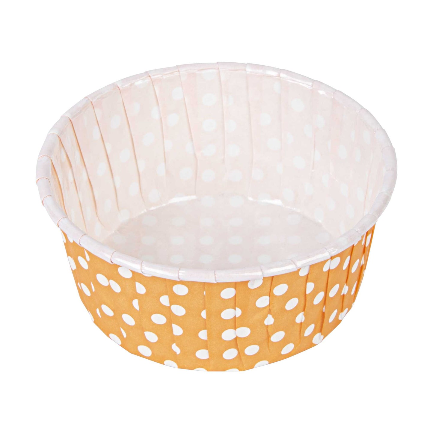 Panificio 5 oz Round Polka-Dotted Hot Orange Paper Large Baking Cup - Pleated - 3 3/4" x 3 3/4" x 1 1/2" - 200 count box