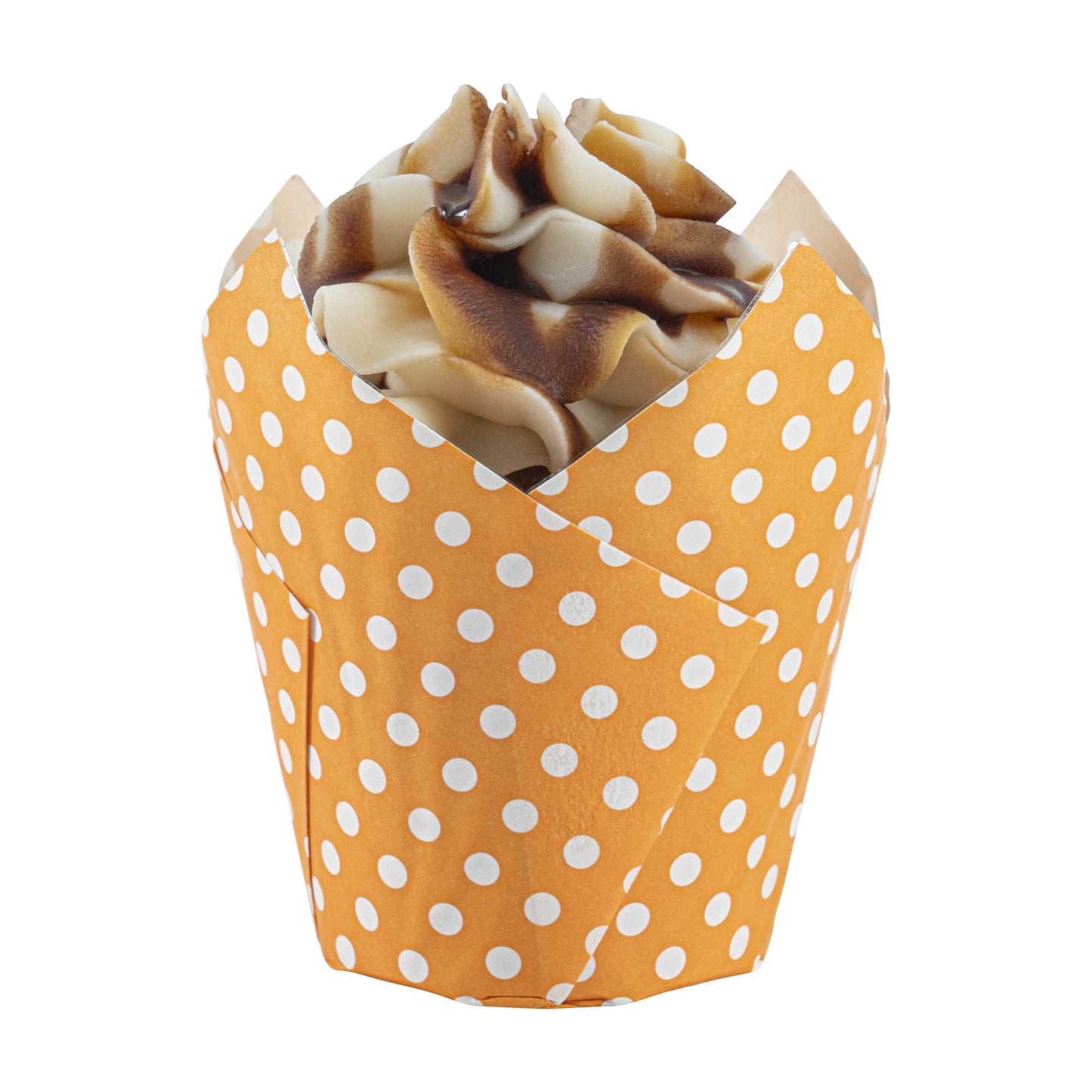 Panificio 2 oz Tulip Polka-Dotted Hot Orange Paper Tall Baking Cup - 3 1/4" x 3 1/4" x 3 1/2" - 200 count box