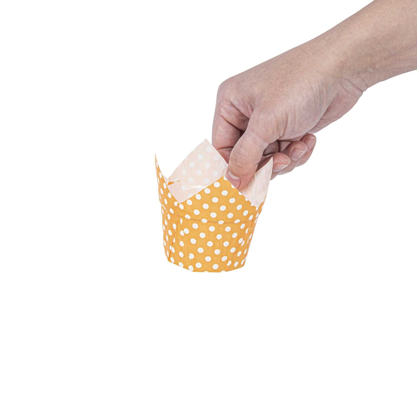 Panificio 1 oz Tulip Polka-Dotted Hot Orange Paper Regular Baking Cup - 3" x 3" x 3" - 200 count box