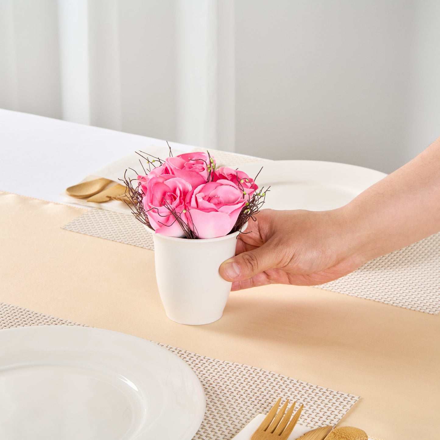 Fiore Pink Plastic Roses in Plastic Pot - 6 Blooms - 4" x 4" x 6" - 12 count box