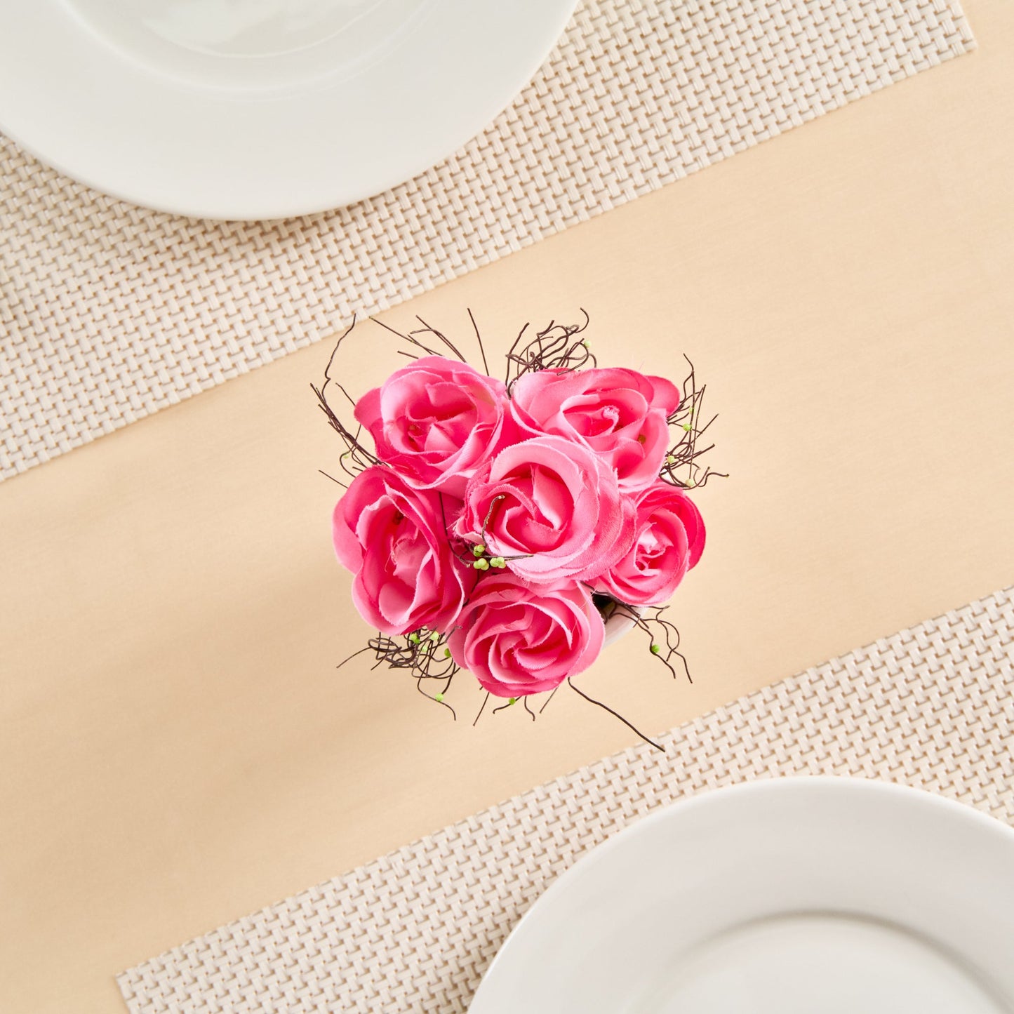 Fiore Pink Plastic Roses in Plastic Pot - 6 Blooms - 4" x 4" x 6" - 12 count box