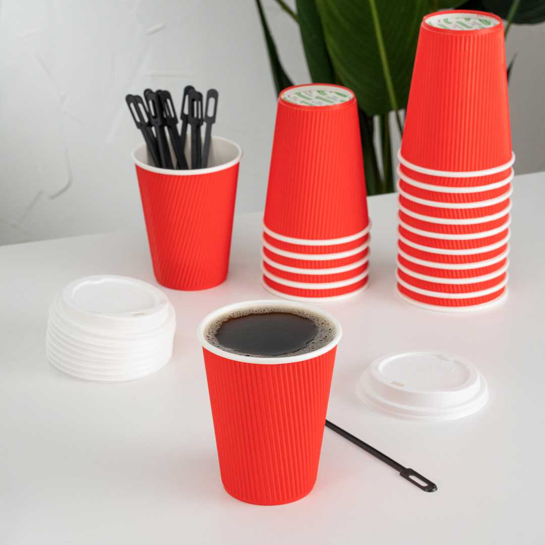 Restpresso 12 oz Red Paper Coffee Cup - Ripple Wall - 3 1/2" x 3 1/2" x 4 1/4" - 500 count box