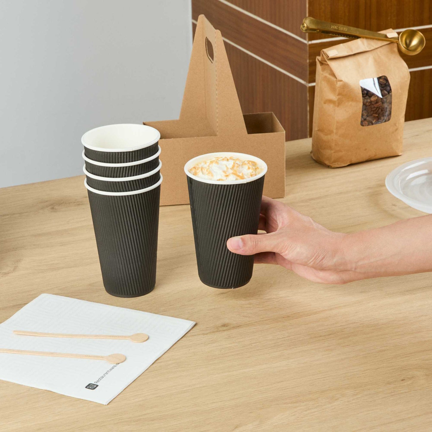 Restpresso 16 oz Black Paper Coffee Cup - Ripple Wall - 3 1/2" x 3 1/2" x 5 1/2" - 500 count box