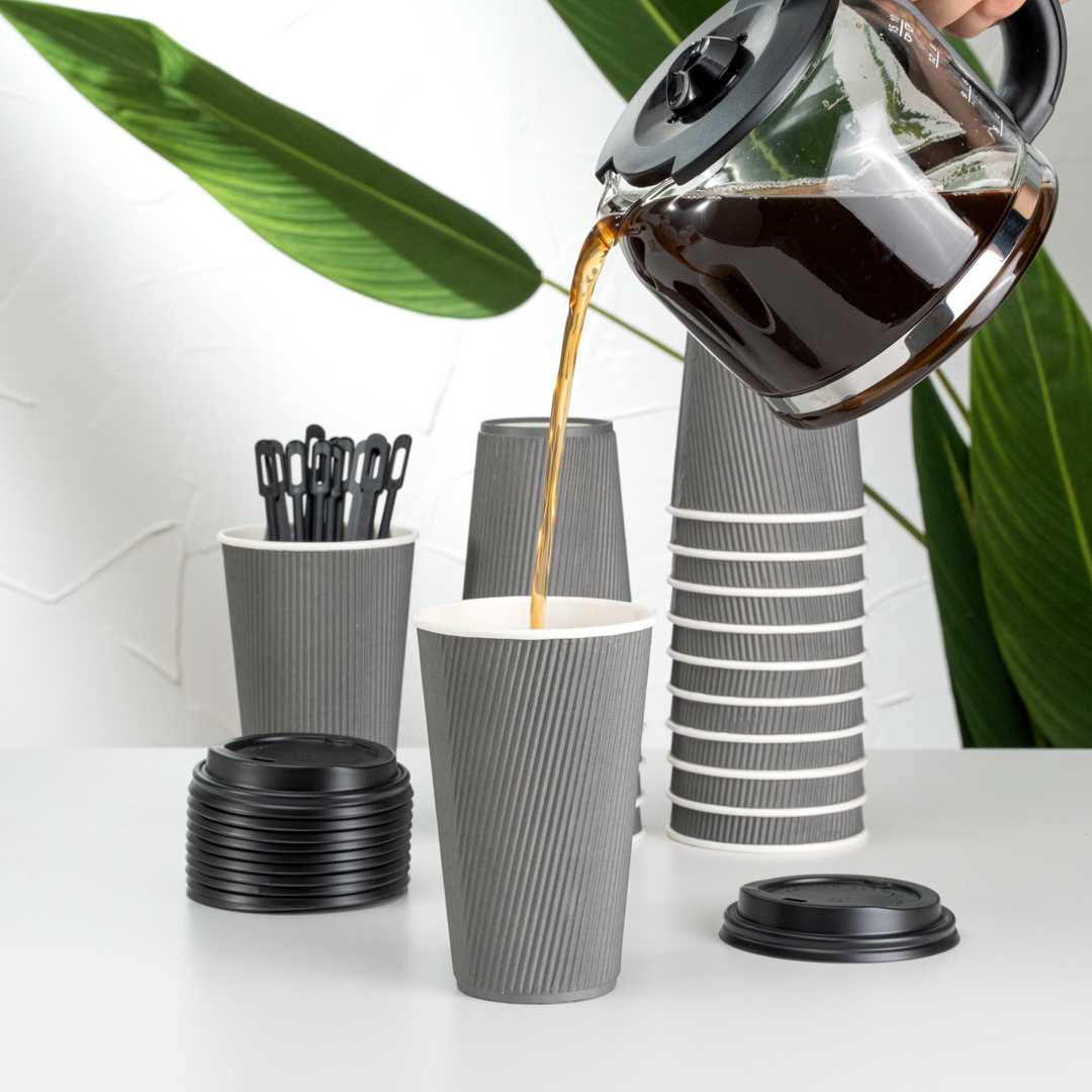 Restpresso 16 oz Gray Paper Coffee Cup - Ripple Wall - 3 1/2" x 3 1/2" x 5 1/2" - 500 count box