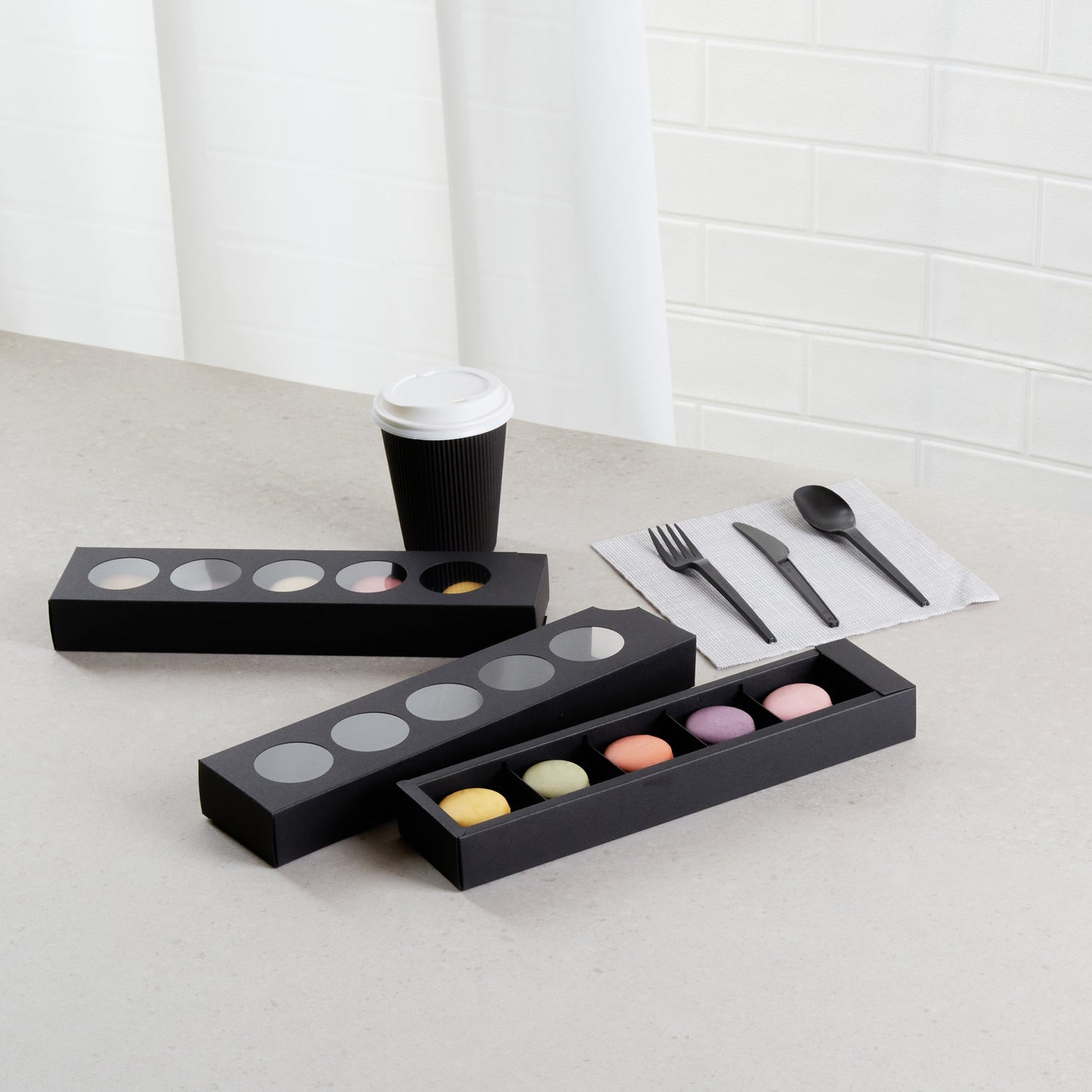 Valentino Rectangle Black Paper Macaron Box - Holds 5 Macarons - 12" x 3" x 1 1/2" - 100 count box