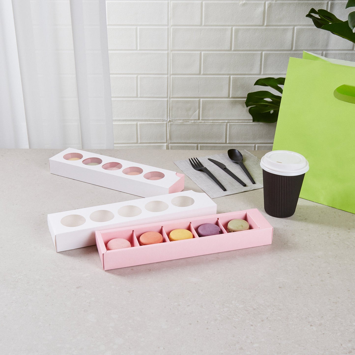 Valentino Rectangle White and Pink Paper Macaron Box - Holds 5 Macarons - 12" x 3" x 1 1/2" - 100 count box