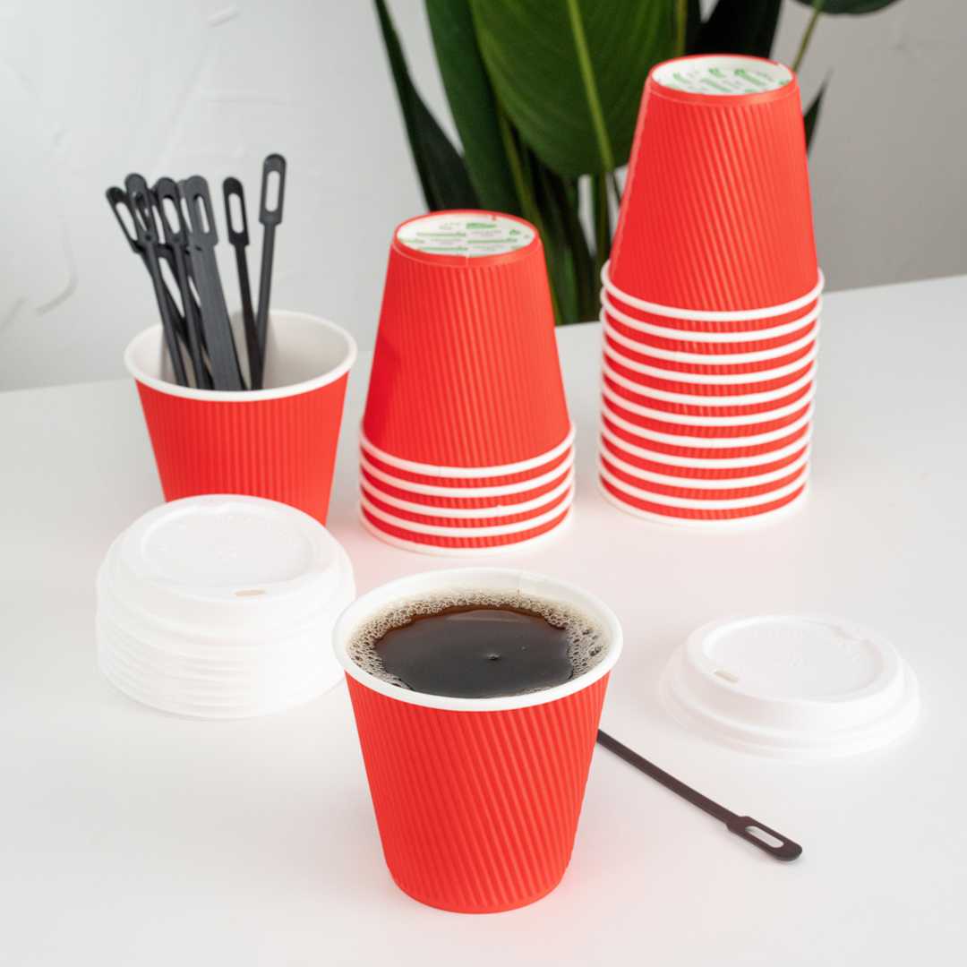 Restpresso 8 oz Red Paper Coffee Cup - Ripple Wall - 3 1/2" x 3 1/2" x 3 1/4" - 500 count box