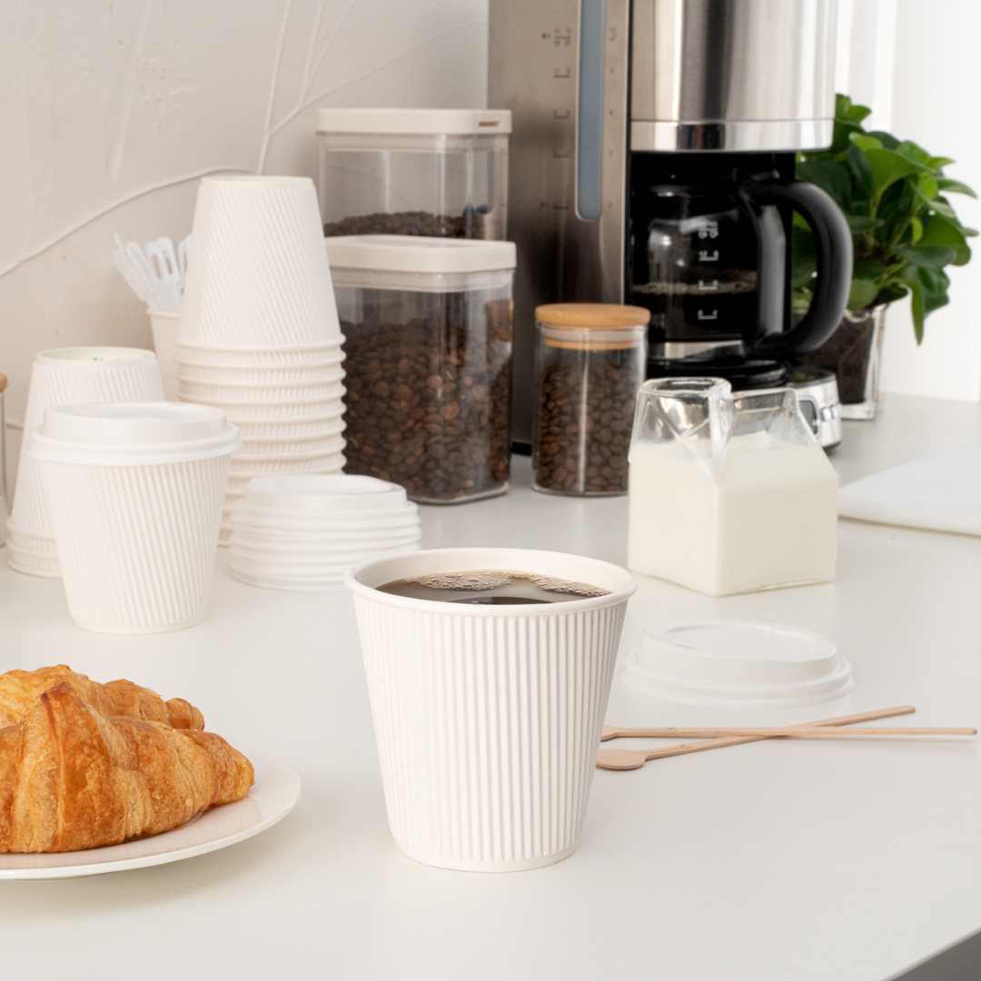 Restpresso 8 oz White Paper Coffee Cup - Ripple Wall - 3 1/2" x 3 1/2" x 3 1/4" - 25 count box