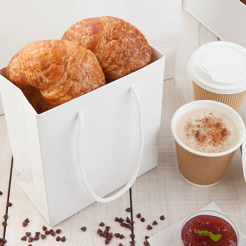 Vogue Rectangle White Paper Small Shopping and Take Out Bag - Glossy, Rope Handles - 6 1/2" x 3 1/4" x 7 1/2" - 10 count box