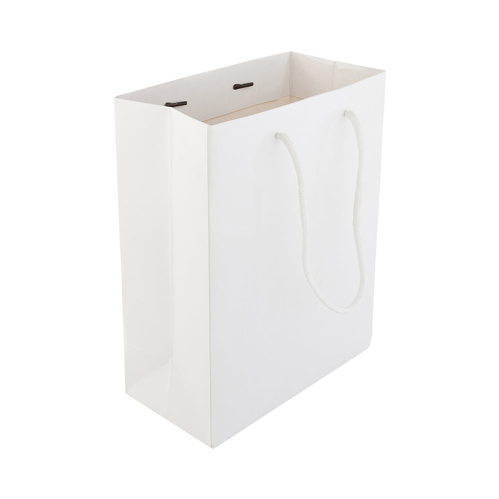 Vogue Rectangle White Paper Medium Shopping and Take Out Bag - Glossy, Rope Handles - 8" x 4" x 10" - 10 count box