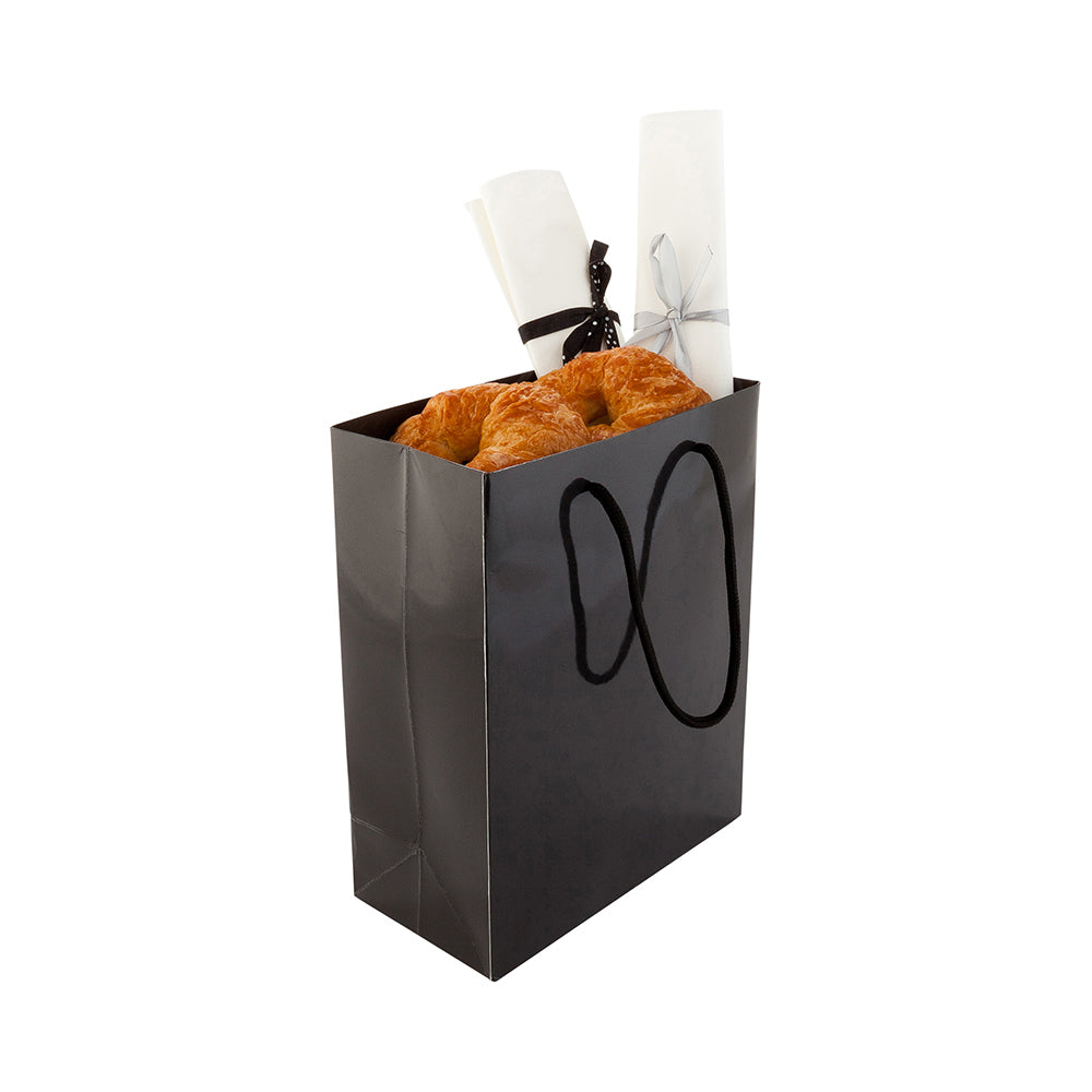 Vogue Rectangle Black Paper Extra Large Shopping and Take Out Bag - Glossy, Rope Handles - 12 1/2" x 5" x 10" - 10 count box