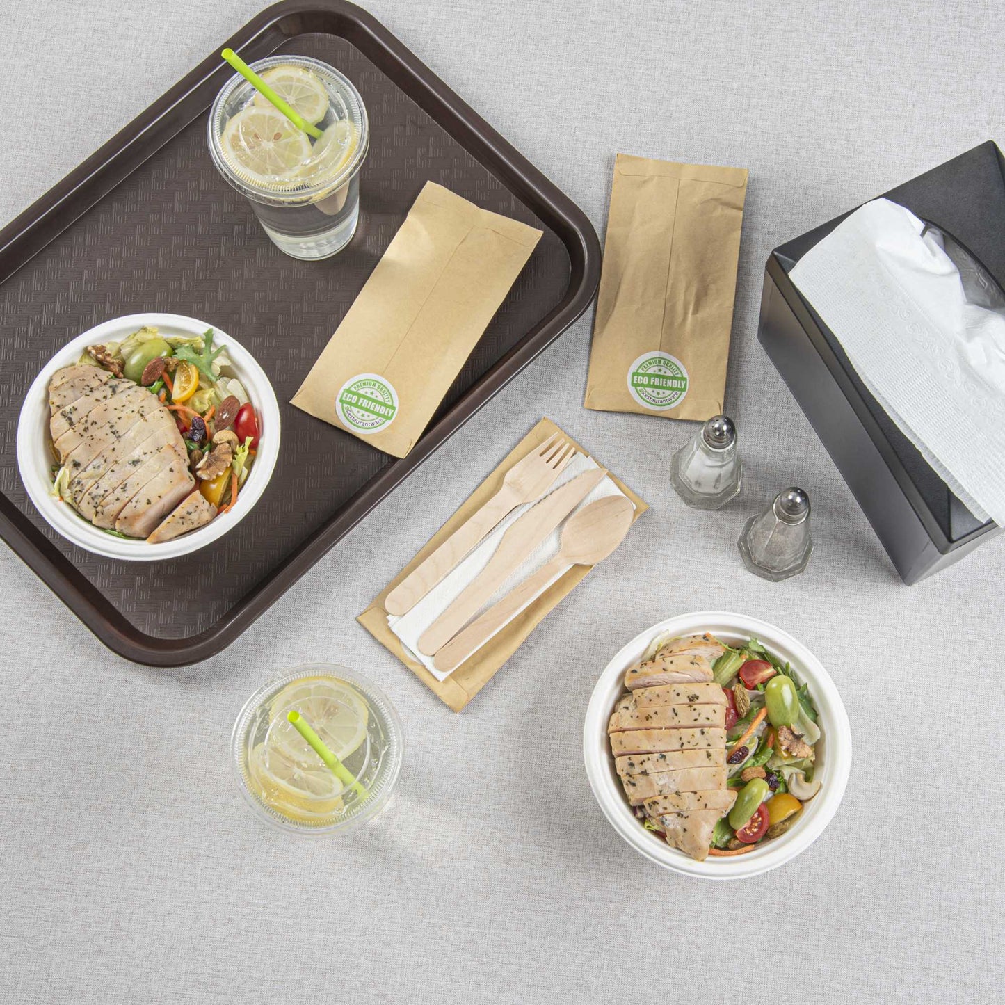 Eco Luxe Natural Wood Cutlery Set - with Napkin and Paper Pouch - 7" x 3 1/2" - 100 count box