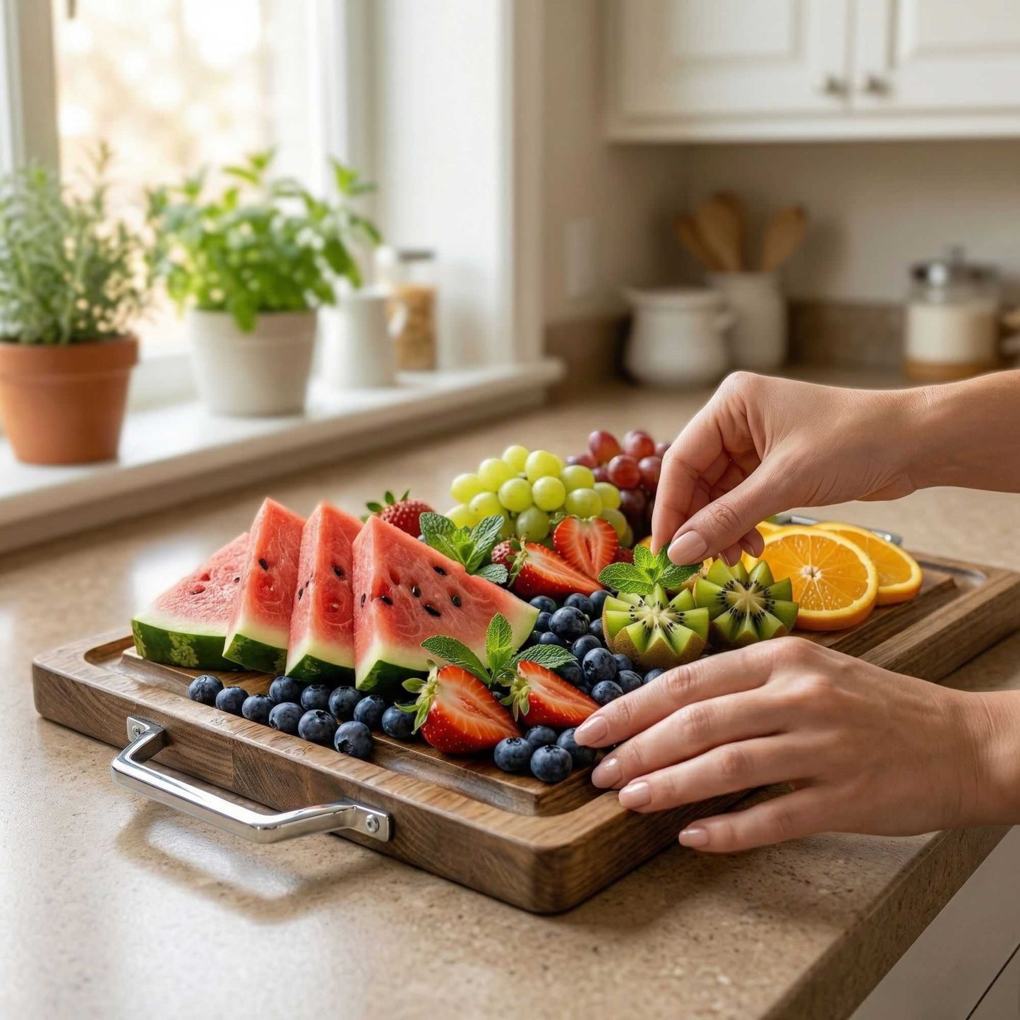 Eco Display Campagna Rectangle Natural Wood Small Serving and Cutting Board - Chrome Hardware - 21 1/2" x 12" x 1" - 1 count box