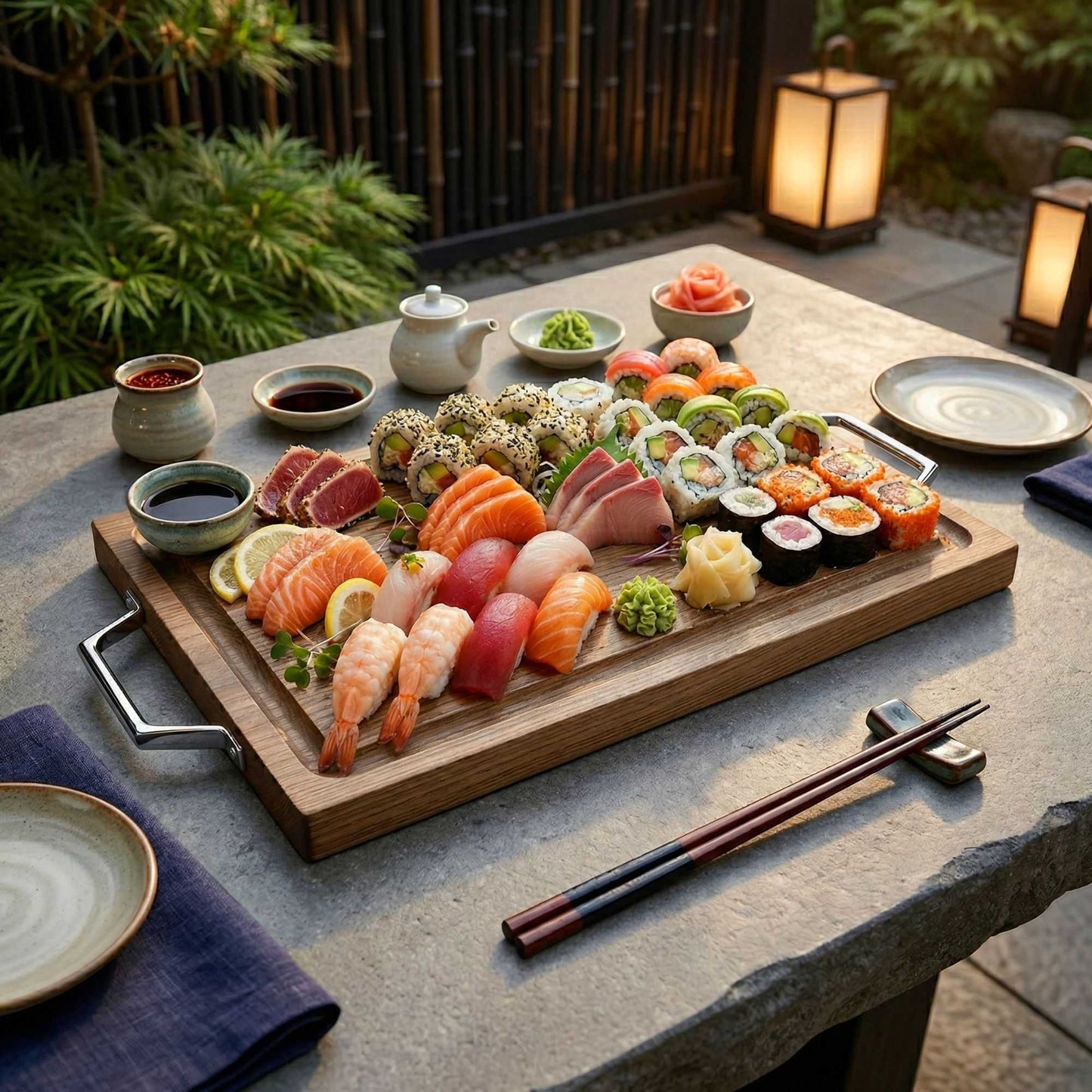 Eco Display Campagna Rectangle Natural Wood Large Serving and Cutting Board - Chrome Hardware - 23 1/2" x 14" x 1" - 1 count box