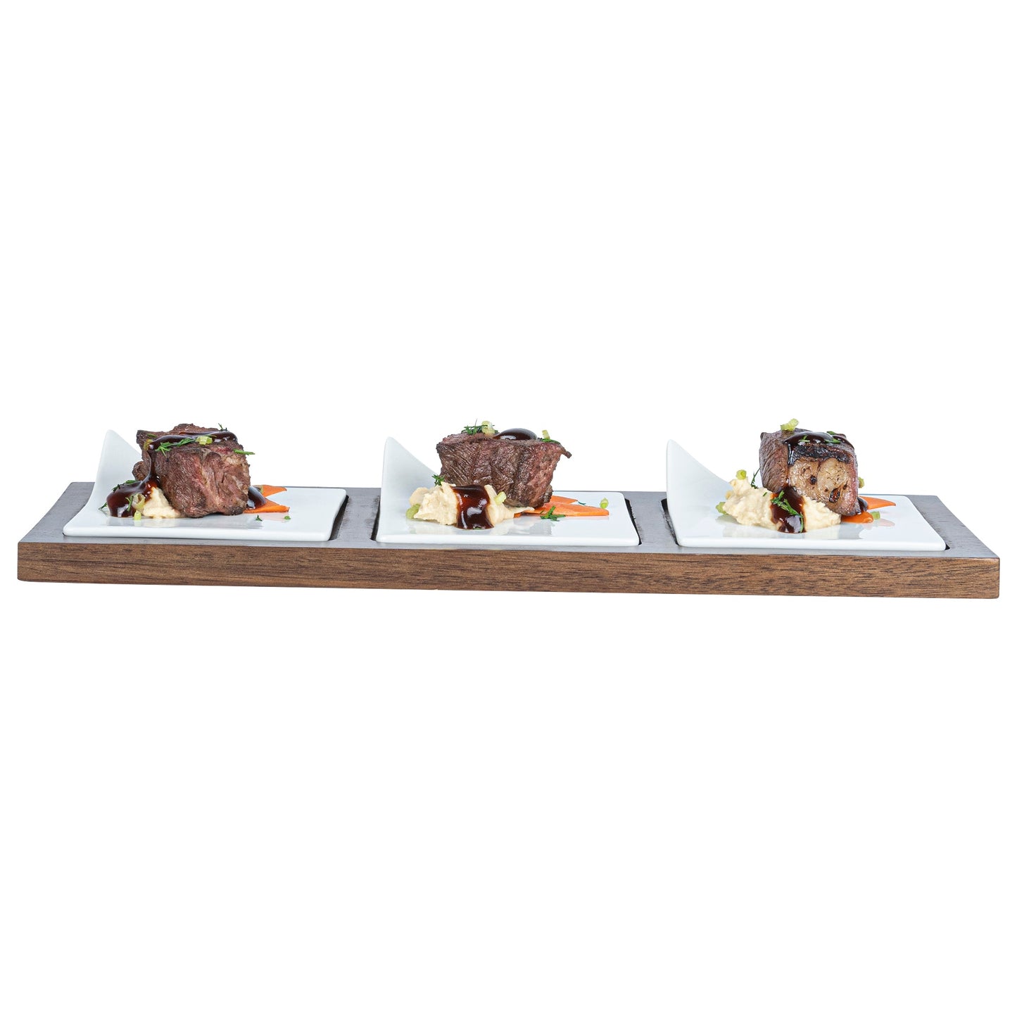 Chef 101 Rectangle White Porcelain Modern Flat Plate Set - 3 Plates, Bamboo Tray - 14 1/4" x 5" x 1 1/2" - 1 count box