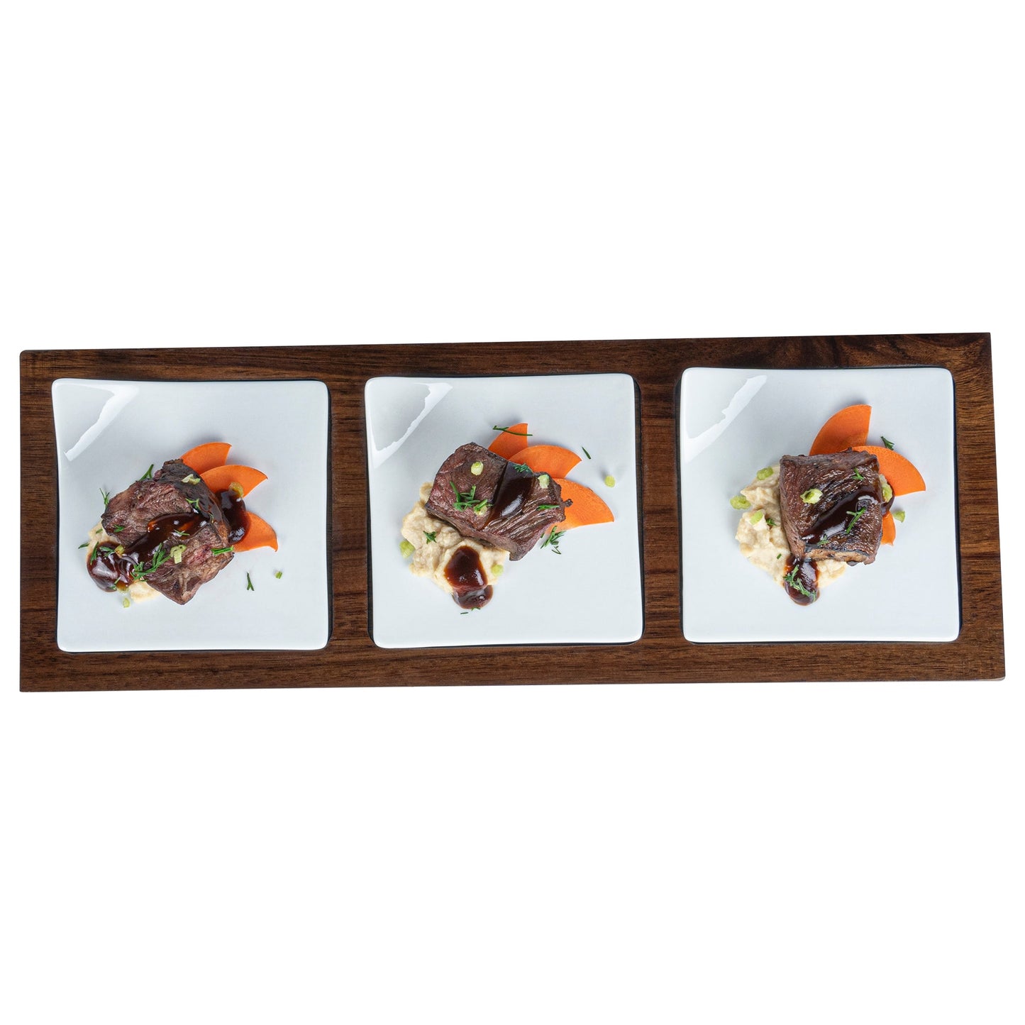 Chef 101 Rectangle White Porcelain Modern Flat Plate Set - 3 Plates, Bamboo Tray - 14 1/4" x 5" x 1 1/2" - 1 count box