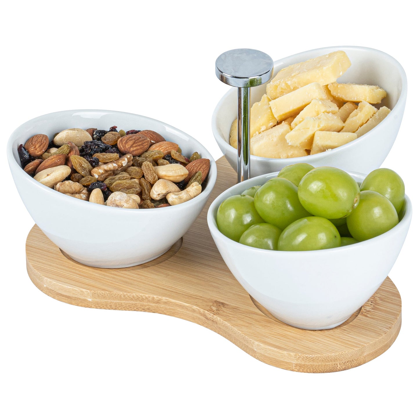 Chef 101 15 oz Rectangle White Porcelain Incline Bowl Set - 3 Bowls, Bamboo Tray - 8 3/4" x 8" x 5" - 1 count box