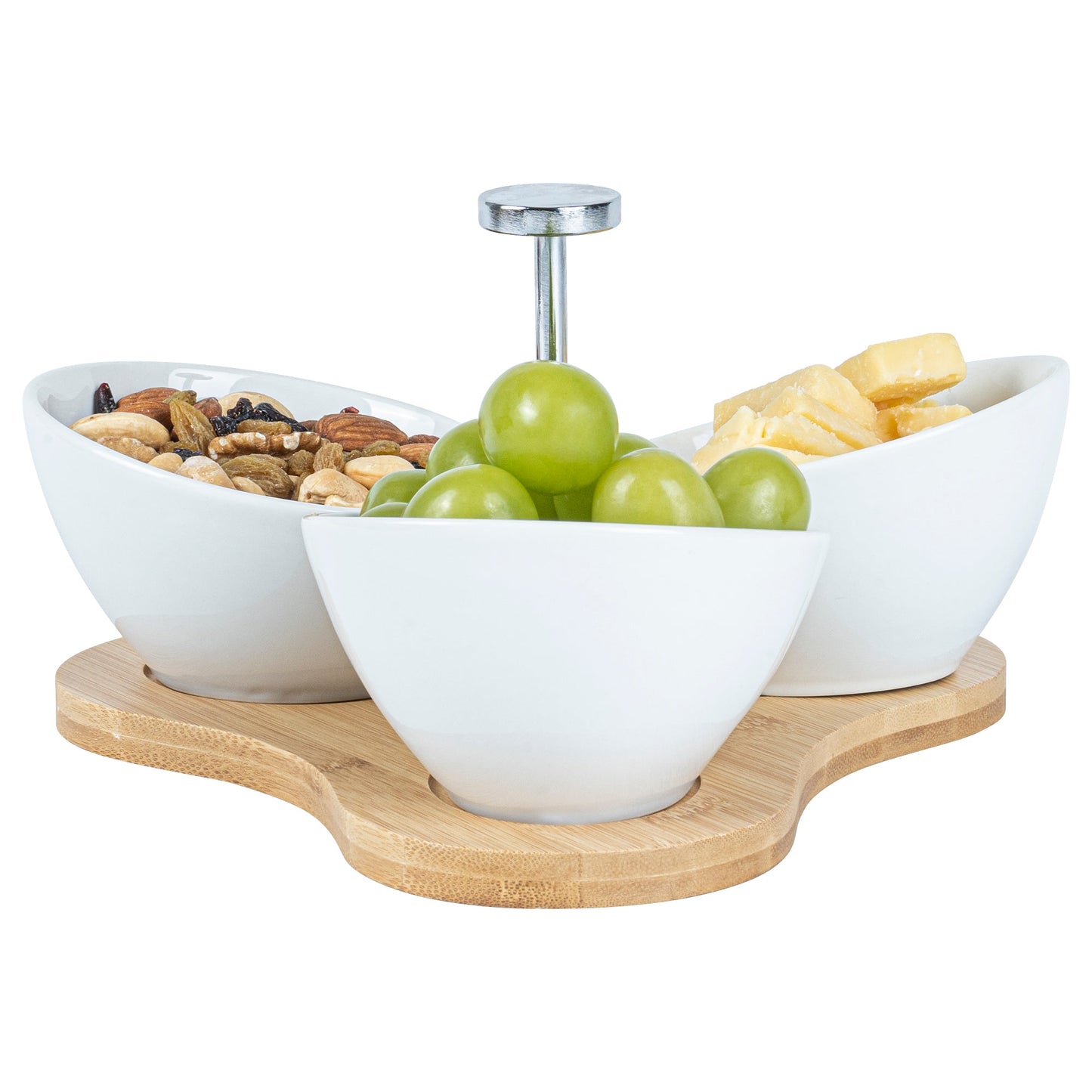Chef 101 15 oz Rectangle White Porcelain Incline Bowl Set - 3 Bowls, Bamboo Tray - 8 3/4" x 8" x 5" - 1 count box