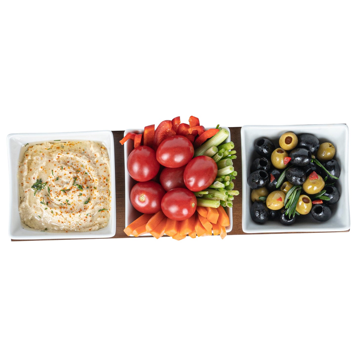 Chef 101 15 oz Rectangle White Porcelain Cocktail Bowl Set - 3 Bowls, Bamboo Tray - 12" x 4" x 2 1/2" - 1 count box