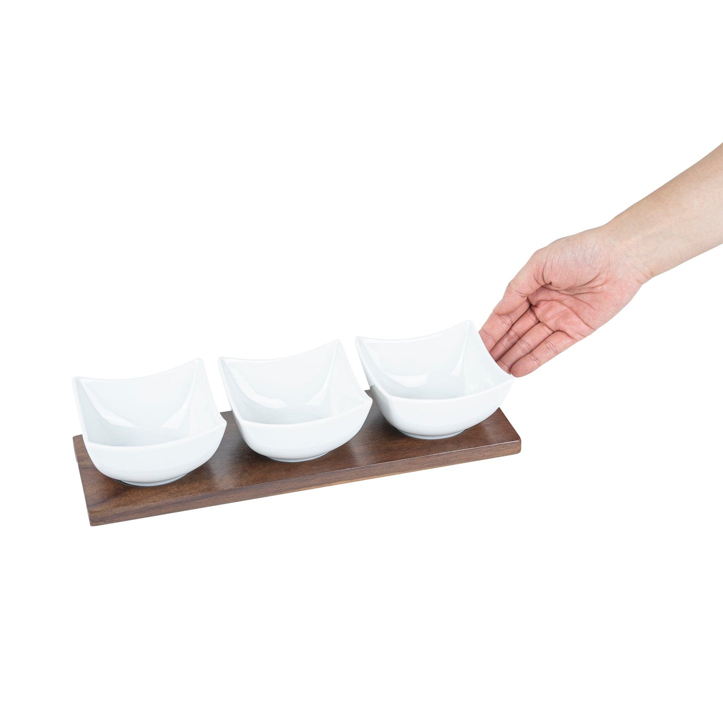 Chef 101 15 oz Rectangle White Porcelain Cocktail Bowl Set - 3 Bowls, Bamboo Tray - 12" x 4" x 2 1/2" - 1 count box