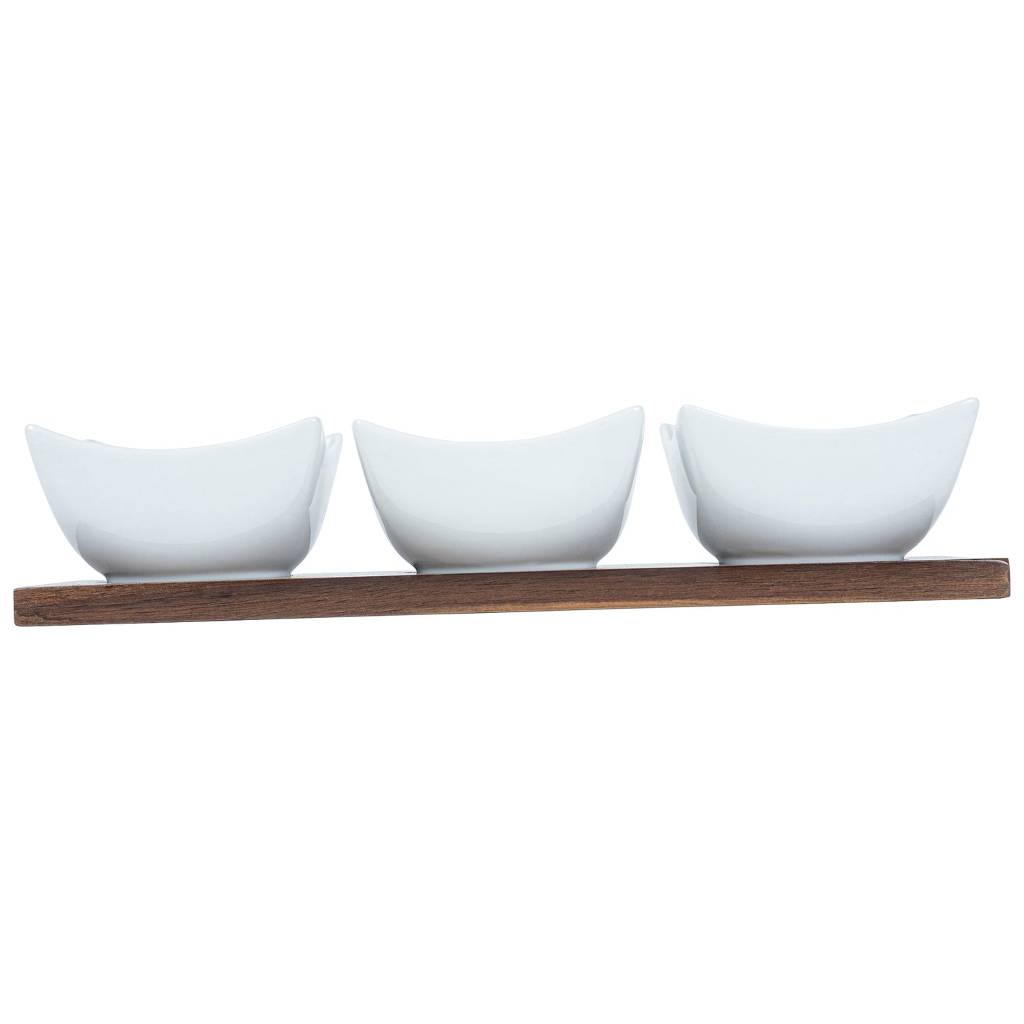 Chef 101 15 oz Rectangle White Porcelain Cocktail Bowl Set - 3 Bowls, Bamboo Tray - 12" x 4" x 2 1/2" - 1 count box