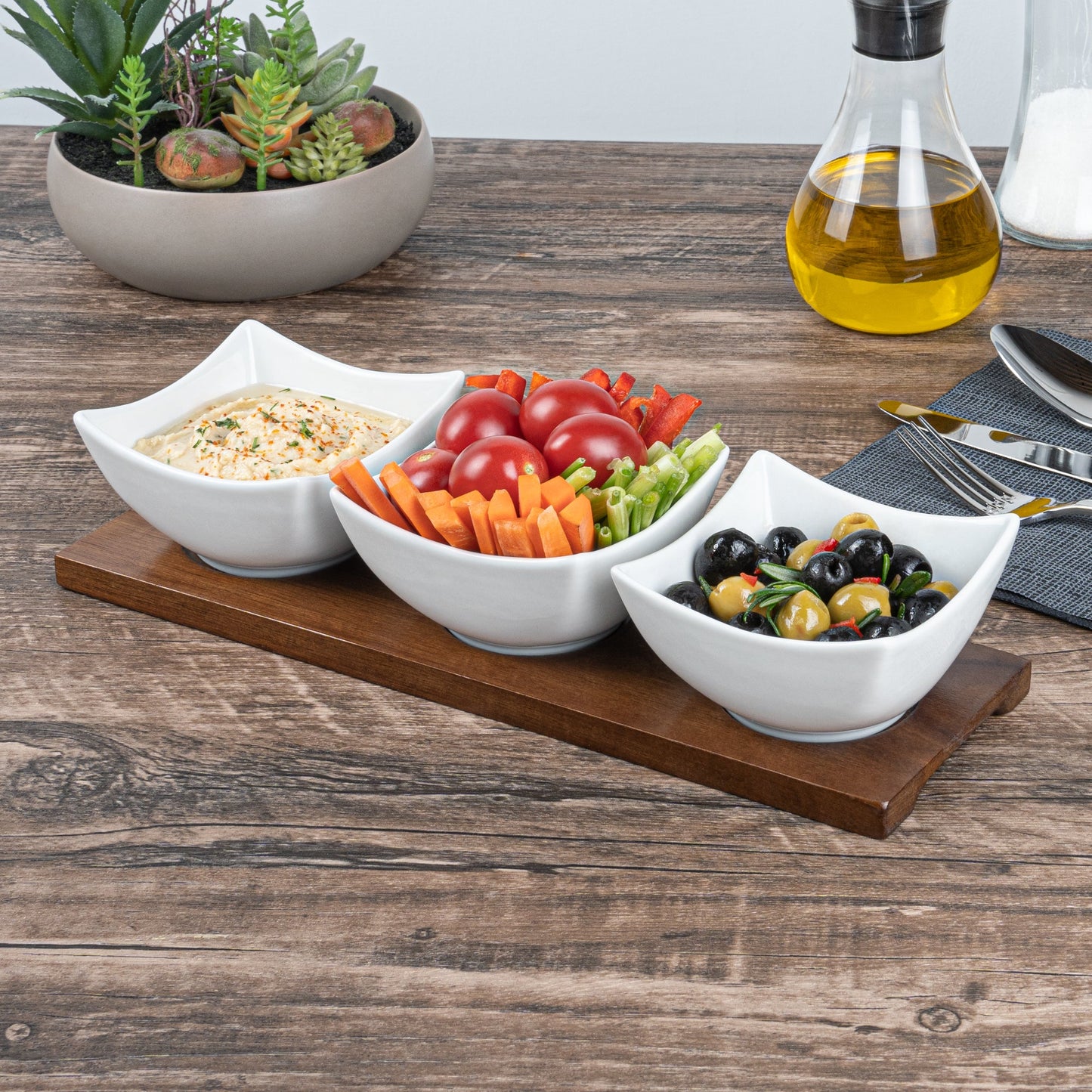 Chef 101 15 oz Rectangle White Porcelain Cocktail Bowl Set - 3 Bowls, Bamboo Tray - 12" x 4" x 2 1/2" - 1 count box