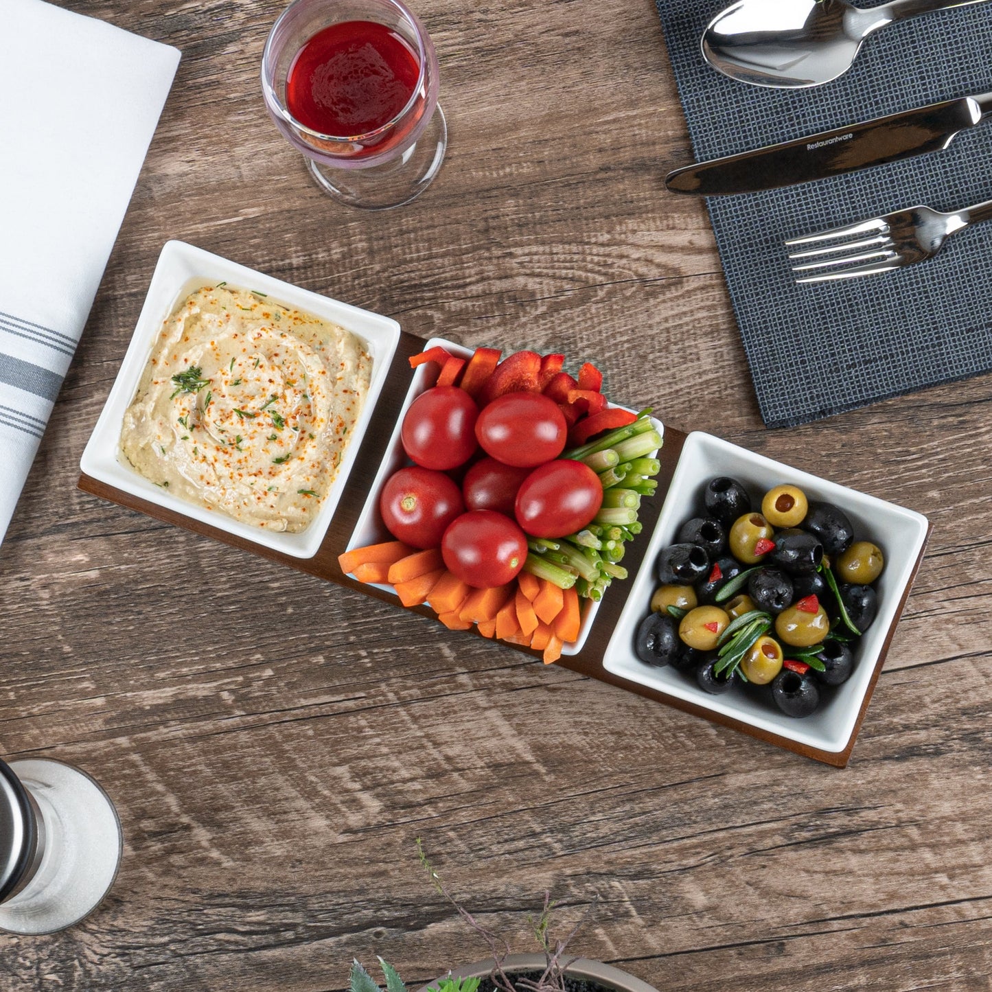 Chef 101 15 oz Rectangle White Porcelain Cocktail Bowl Set - 3 Bowls, Bamboo Tray - 12" x 4" x 2 1/2" - 1 count box