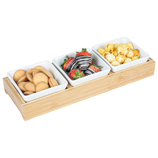 Chef 101 6 oz Rectangle White Porcelain Modern Bowl Set - 3 Bowls, Bamboo Tray - 11 3/4" x 4 1/4" x 2" - 1 count box