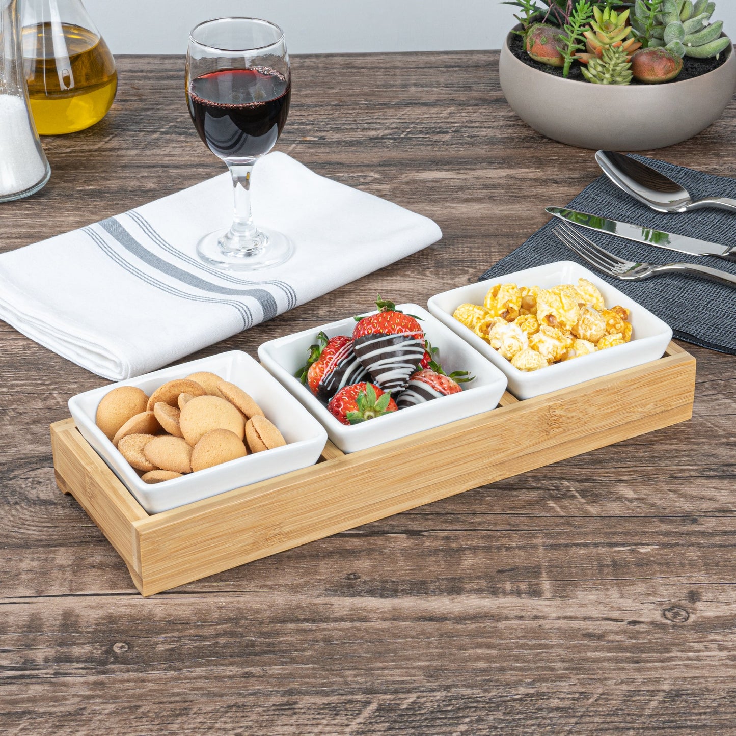 Chef 101 6 oz Rectangle White Porcelain Modern Bowl Set - 3 Bowls, Bamboo Tray - 11 3/4" x 4 1/4" x 2" - 1 count box
