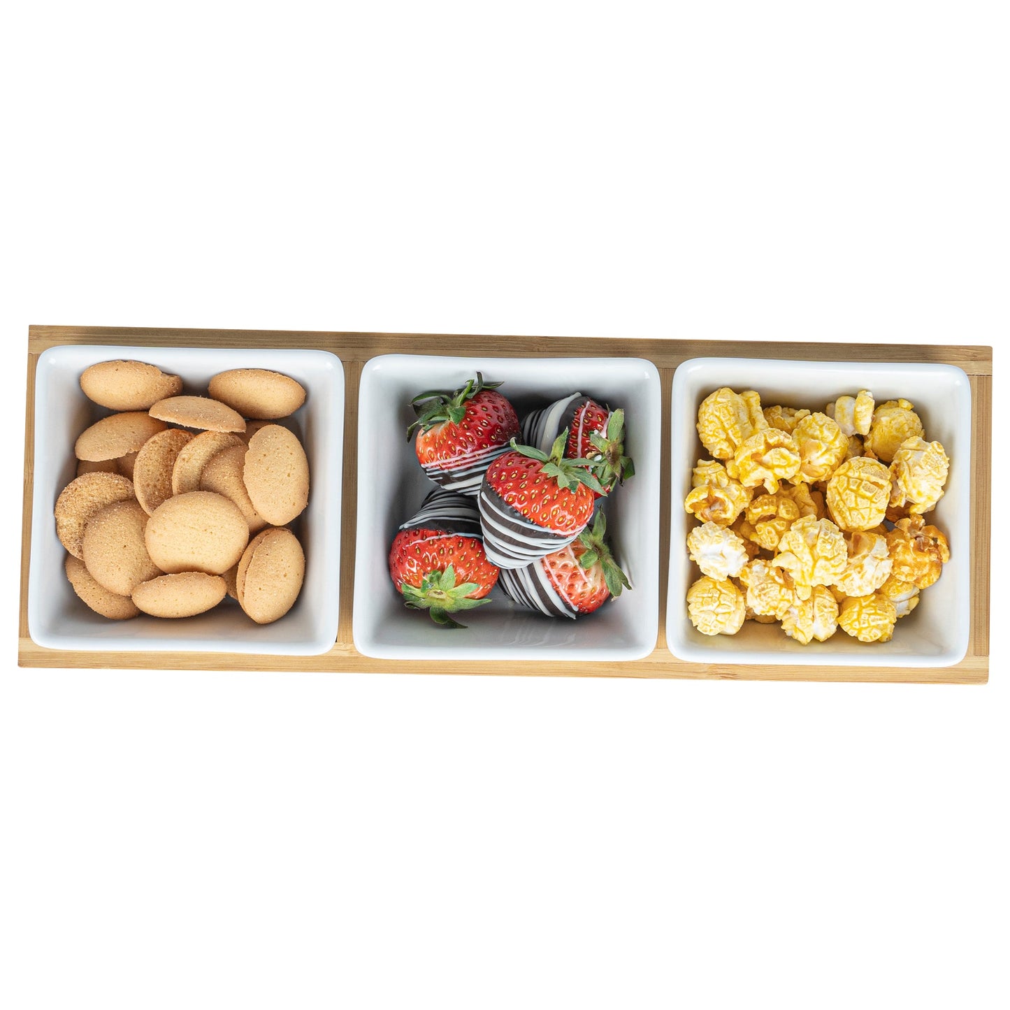 Chef 101 6 oz Rectangle White Porcelain Modern Bowl Set - 3 Bowls, Bamboo Tray - 11 3/4" x 4 1/4" x 2" - 1 count box