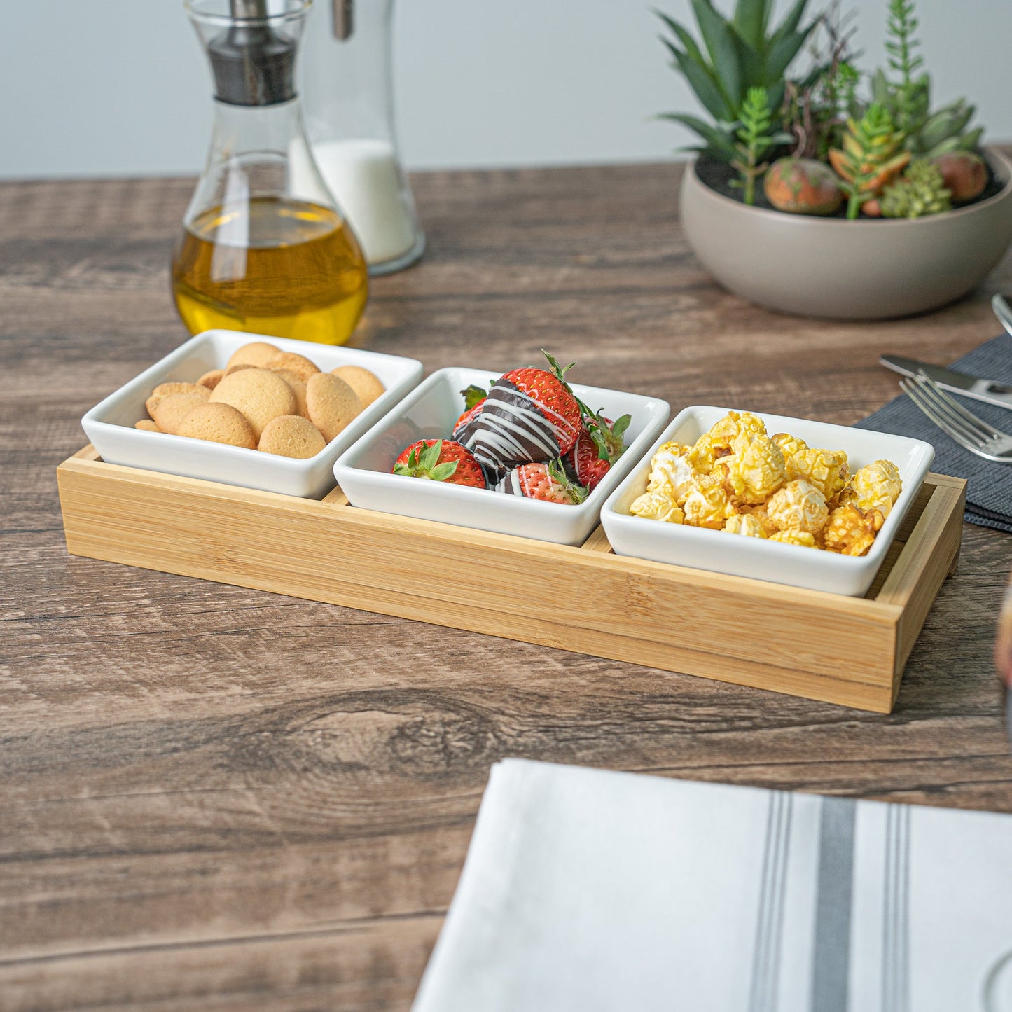 Chef 101 6 oz Rectangle White Porcelain Modern Bowl Set - 3 Bowls, Bamboo Tray - 11 3/4" x 4 1/4" x 2" - 1 count box