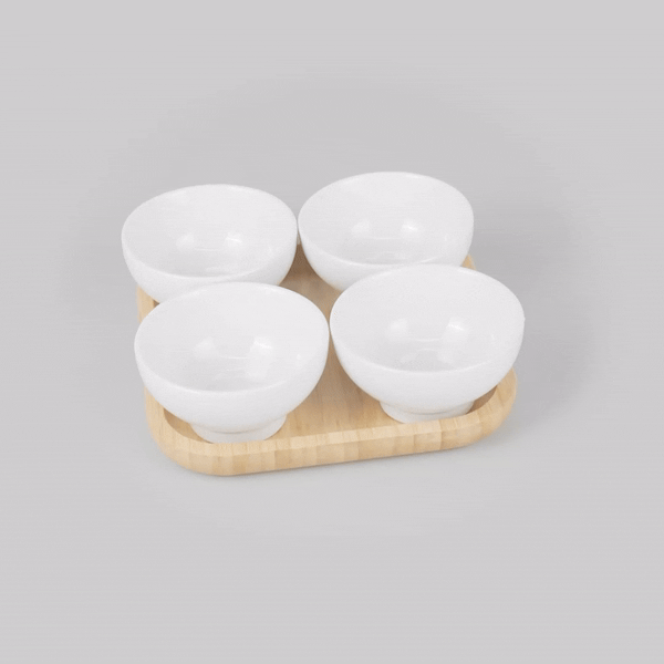 Chef 101 20 oz Rectangle White Porcelain Coppa Bowl Set - 4 Bowls, Bamboo Tray - 7" x 7" x 2 1/4" - 1 count box