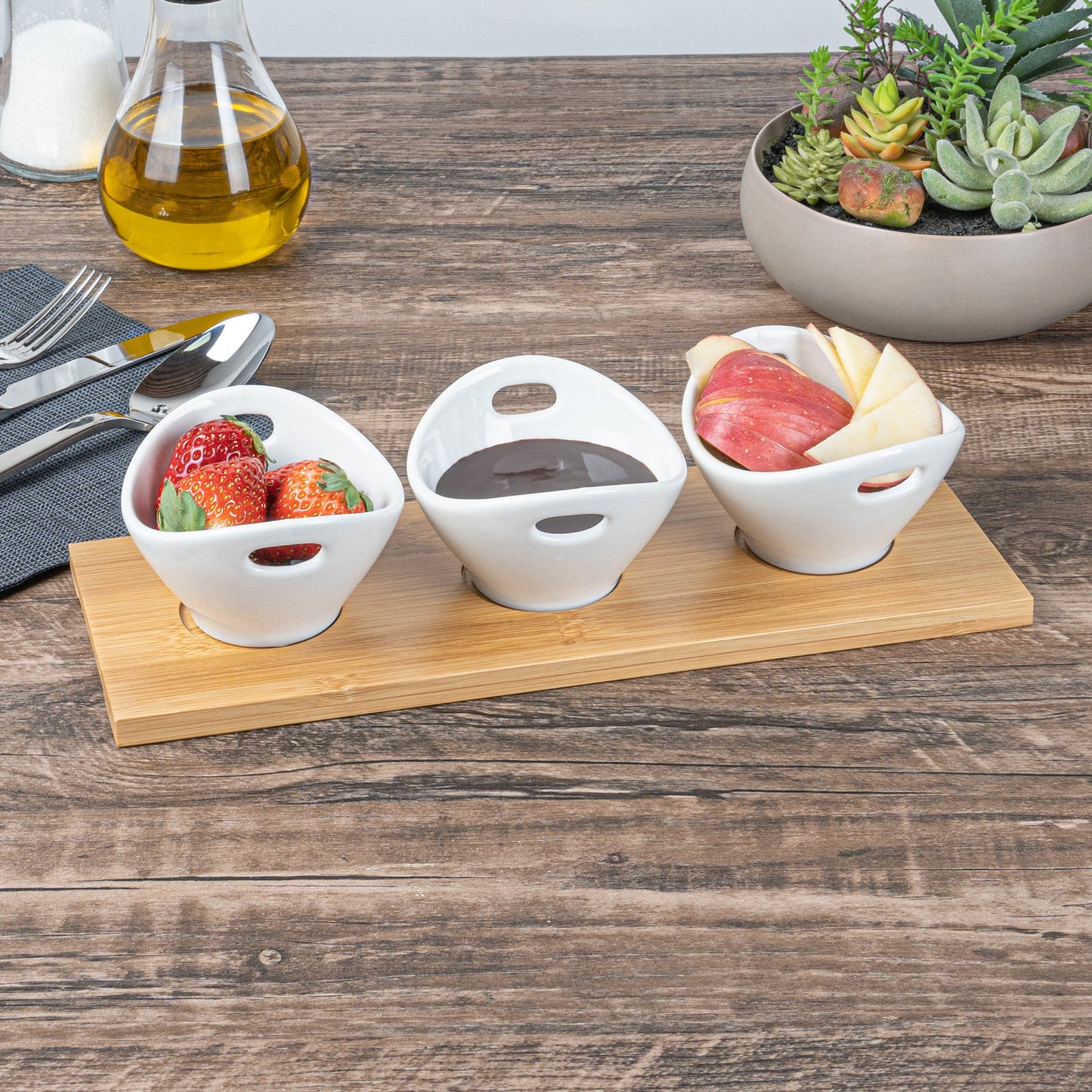Chef 101 6 oz Rectangle White Porcelain Basket Bowl Set - 3 Bowls, Bamboo Tray - 11 3/4" x 4 1/4" x 2 1/2" - 1 count box