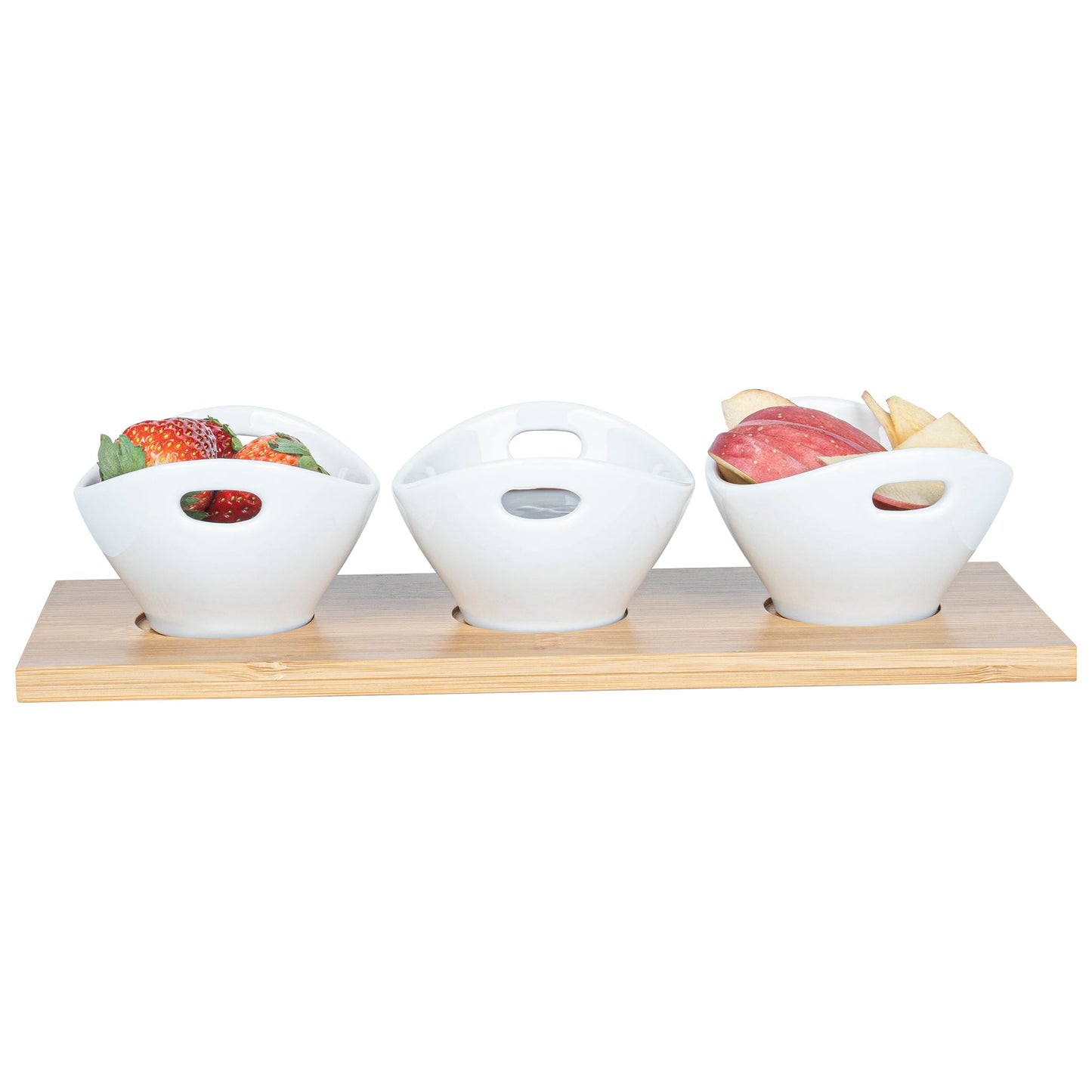 Chef 101 6 oz Rectangle White Porcelain Basket Bowl Set - 3 Bowls, Bamboo Tray - 11 3/4" x 4 1/4" x 2 1/2" - 1 count box